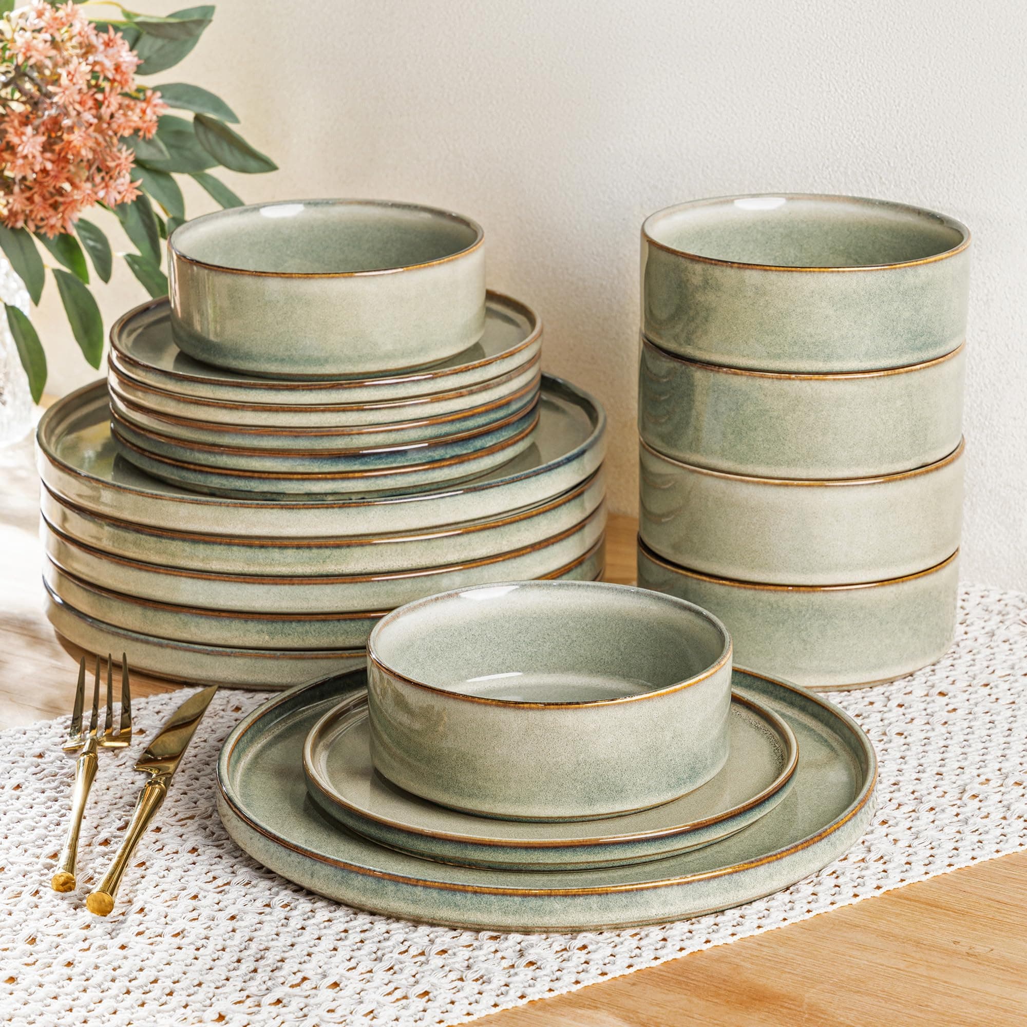 AmorArc Ceramic Dinnerware Sets, Handmade Reactive Glaze Stoneware Plates and Bowls Sets,Highly Chip and Crack Resistant | Dishwasher & Microwave Safe Dishes Set, Service for 6 (18pc)