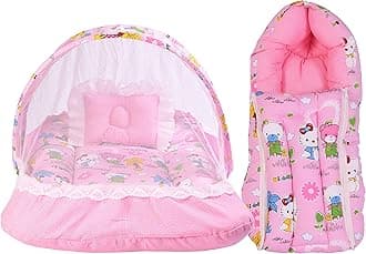Babloo Baby Bed New Born Baby Bedding Set | Mosquito Net | Sleeping Bag | Mattress | Carry Bag | Essentials Combo | Cotton | Infants | Boys & Girls | Beds | Cot Mattresses (0-6 Months) Pink, Carry Cot