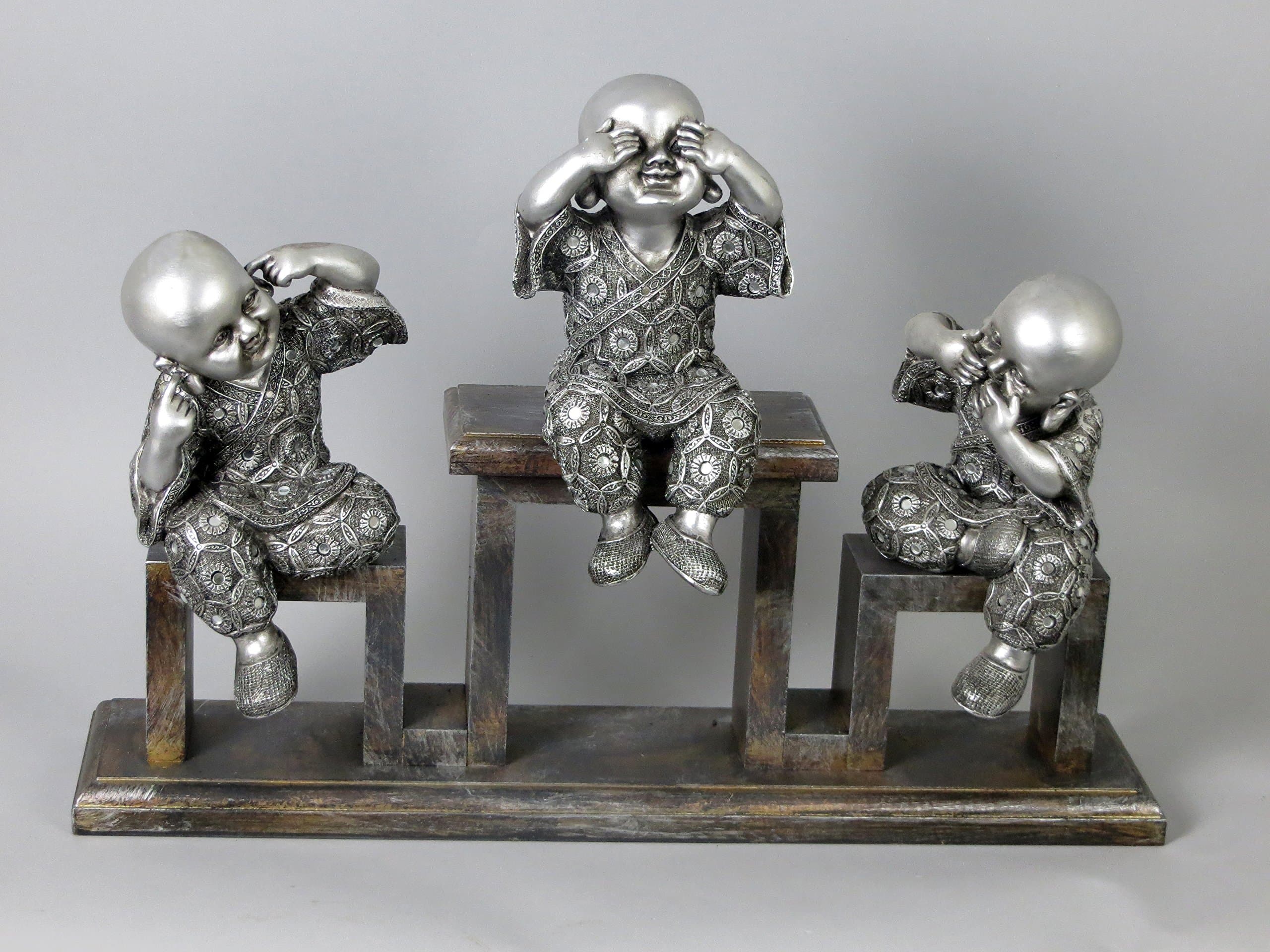 Sassy Home Silver See No Evil Hear No Evil Speak No Evil Baby Buddha Monk On Stand Ornament