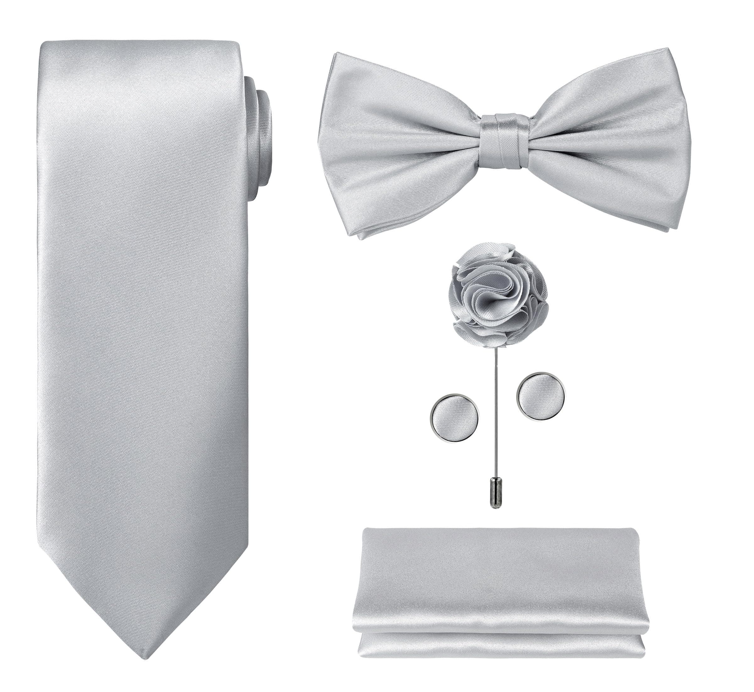TIE G 5pcs Tie Set in WHITE OR BLACK GIFT BOX: Solid Color Necktie, Satin Bow Tie, Pocket Square, Lapel, Cuff Links