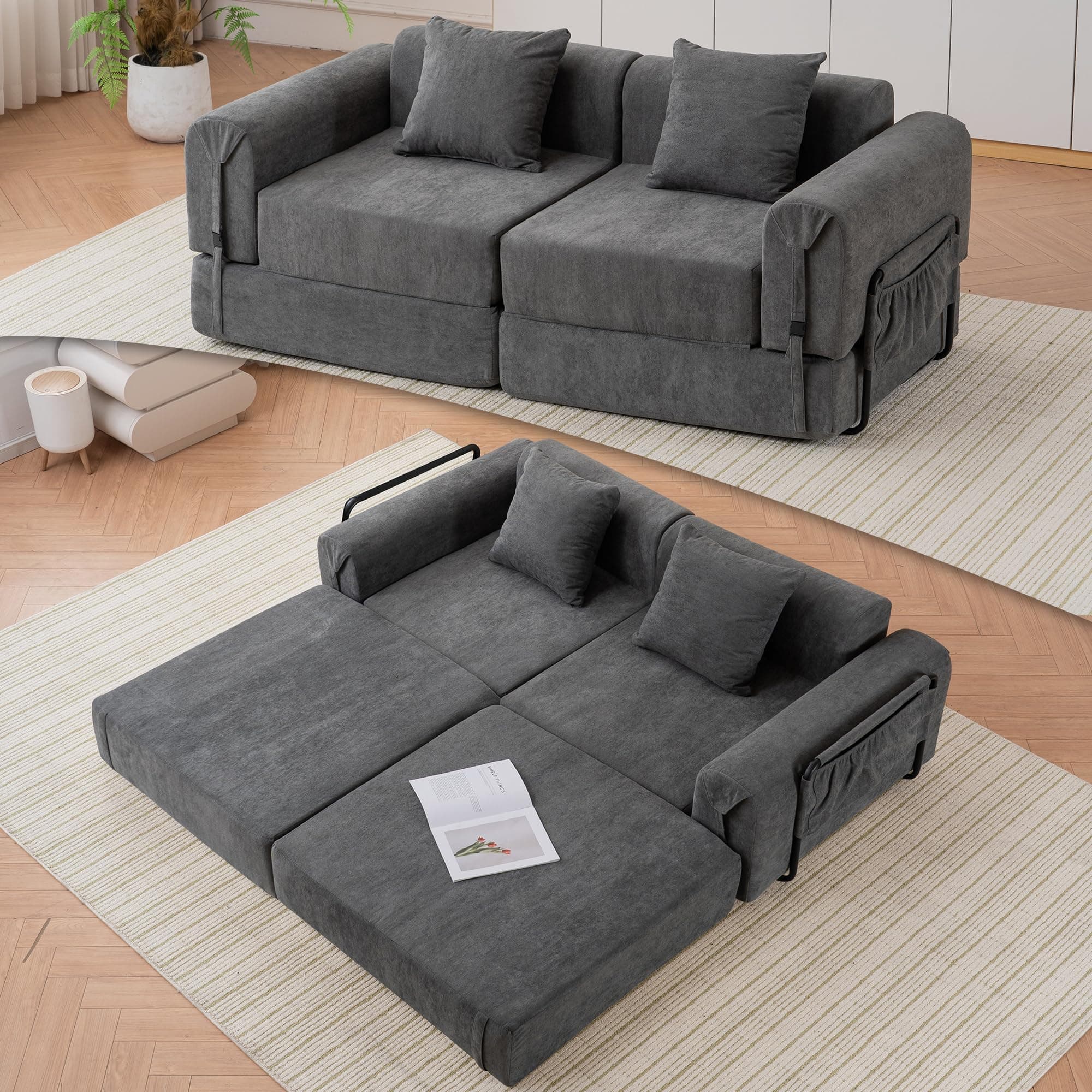 Tmsan 71.25" W Convertible Boneless Sectional Sleeper Sofa Bed, Comfy Fleece Foldable Loveseat Floor Lounge Couch Modular Set for Living Room Apartment Office Bedroom Small Spaces