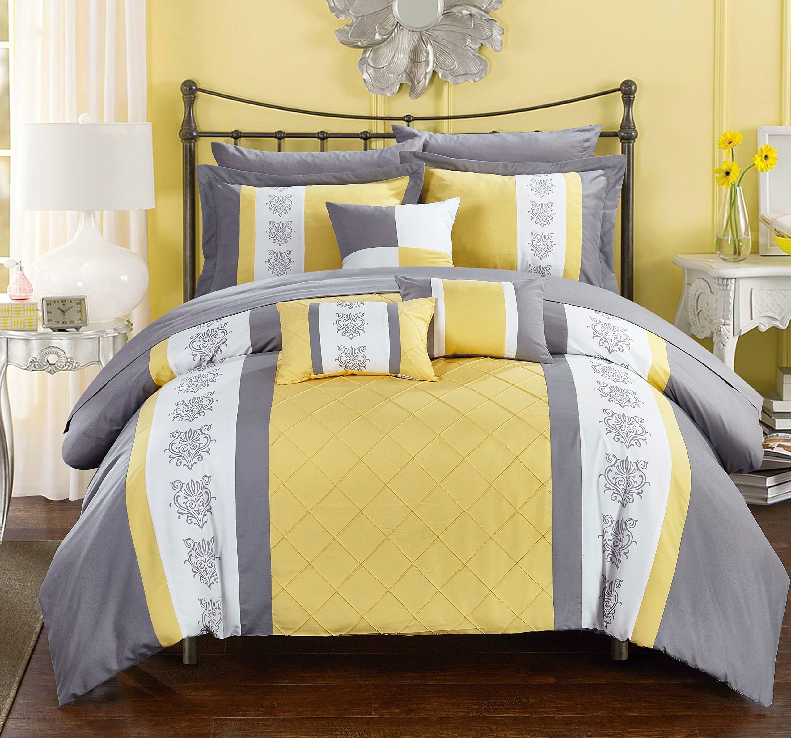 Chic Home Clayton 10 Piece Comforter Set Pintuck Pieced Block Embroidery Bed in a Bag with Sheet Set, Queen Grey Yellow