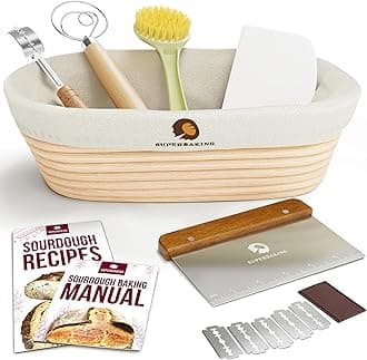 Superbaking 10" Oval Banneton Bread Proofing Basket – Sourdough Starter Kit for Crusty Artisan Style Loaves, Includes Essential Bread Baking Supplies & Tools - Ideal Gift for Bakers