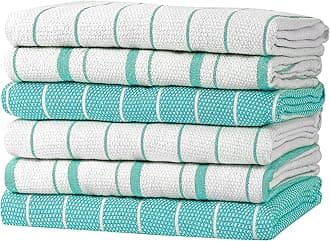 Classic Kitchen Towels - 6 Pack 100% Natural Cotton Towel Set, Reusable Wash Cloths, Absorbent Dish Towels, Machine Washable Hand Towels, Kitchen Essentials, 20" x 28" - Aqua Base