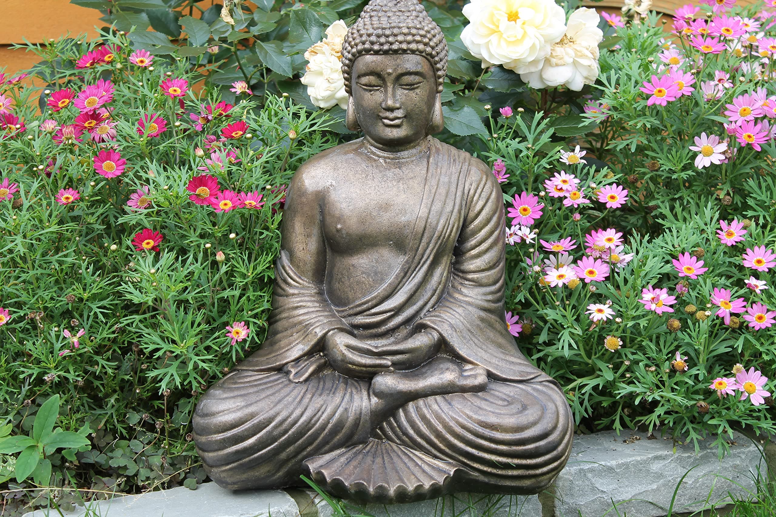 Ornate stone compassion buddha garden ornament statue