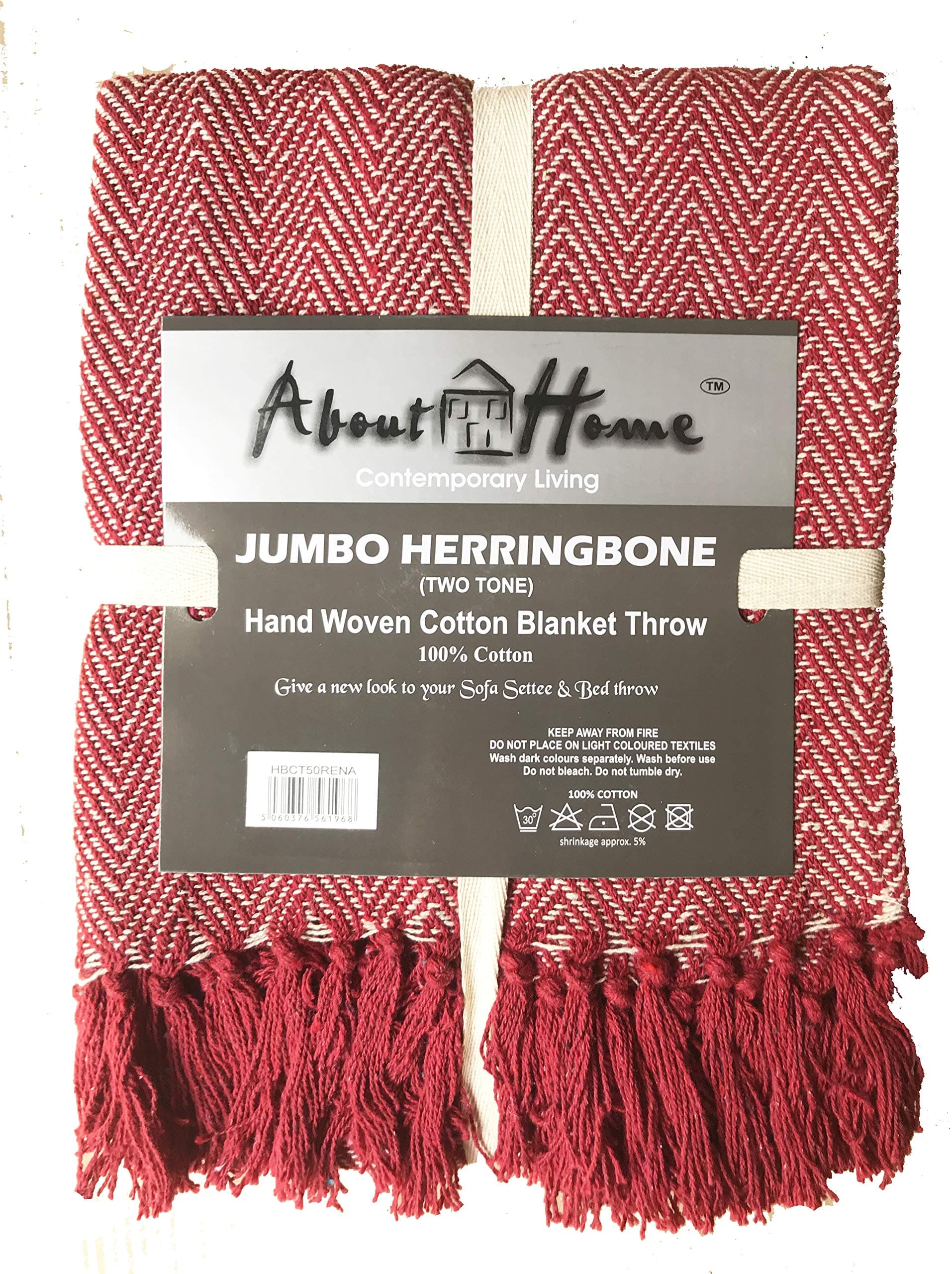 About Home Herringbone Cotton Blanket Throw, Settee Cover (RED/Natural, 50"x60")