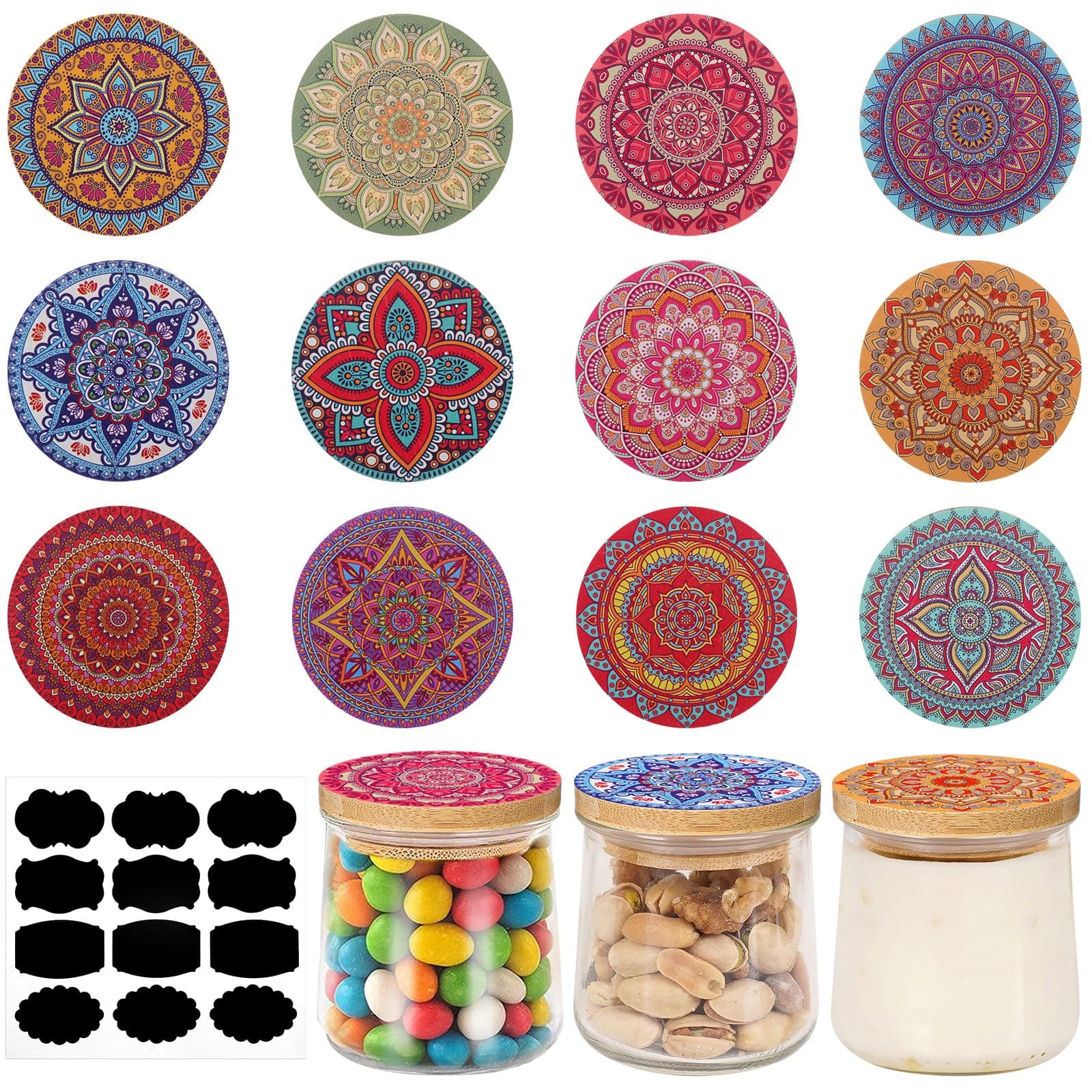 12 Pcs Yogurt Jar Lids Reusable Bamboo Mandala Pattern Lids with Silicone Sealing Rings and 12 Yogurt Bottle Label Jar Wooden Lids Compatible with Oui Yogurt Jars Cookie Spice Coffee Bean Jars