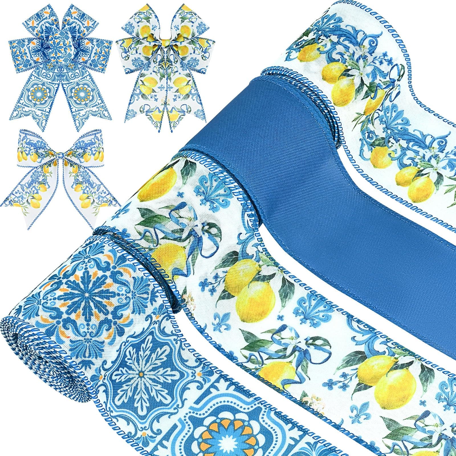 4Rolls 20 Yards Lemon Wired Edge Ribbon 2.5inch Summer Blue Tiles Yellow Lemon Printed Fabric Ribbon for Wreath Bow Making DIY Crafts Wrapping Supplies