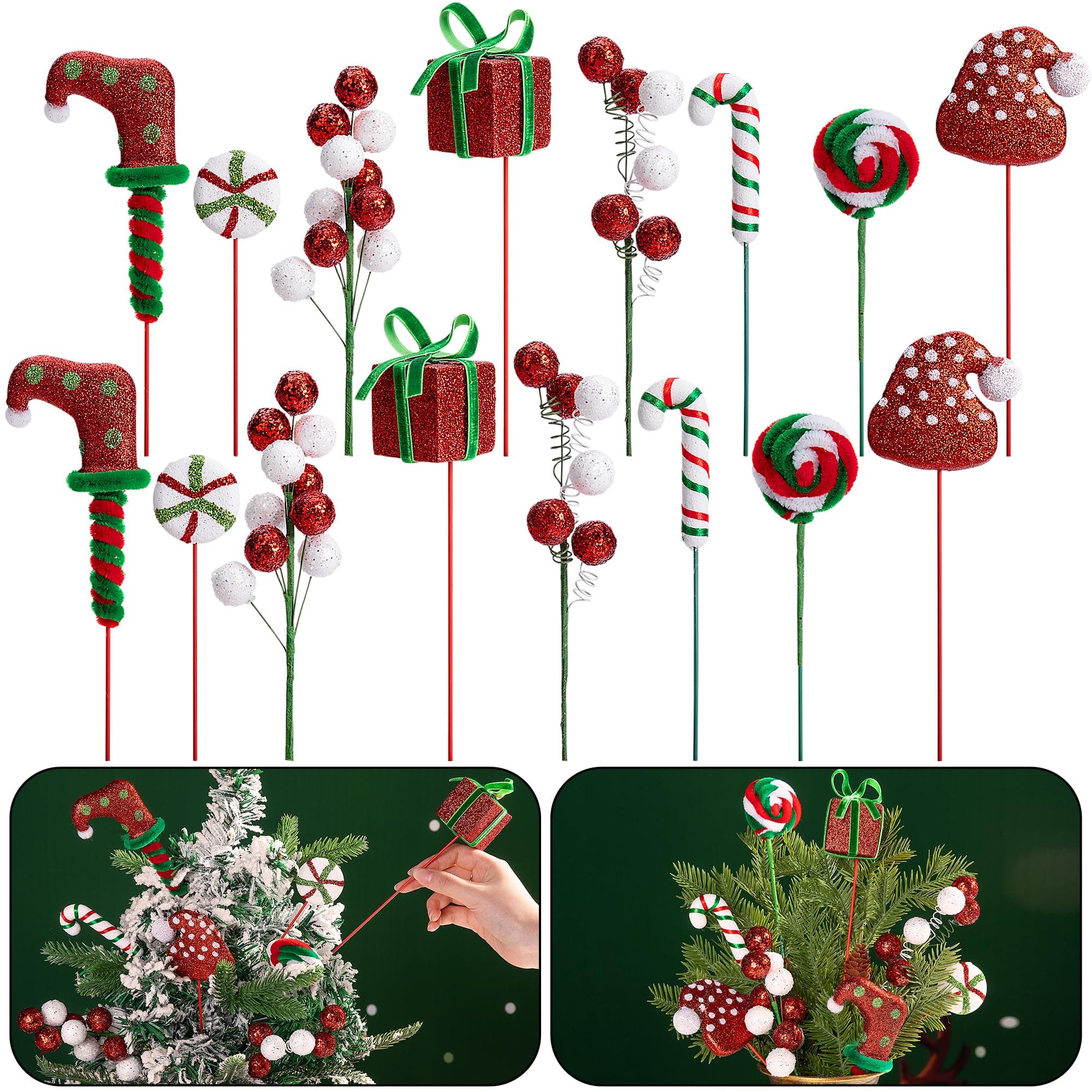 RunNico 16 Pcs Christmas Candy Tree Sticks - Red White Green Christmas Tree Sticks Ornaments - Santa Hat Candy Cane Berry Gift Tree Picks for Xmas Wreath Crafts Vase Party Supplies