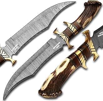 Damascus Steel Hunting Knife - Fixed Blade Knives with Sheath - Firm Grip Handle Made of Stag Horn Crown Antler (Crown)