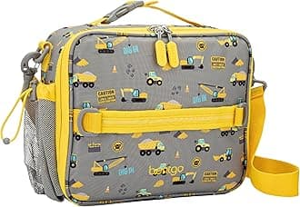BentgoKids Lunch Bag - Durable, Double-Insulated Lunch Bag for Kids 3+; Holds Lunch Box, Water Bottle, & Snacks; Easy-Clean Water-Resistant Fabric & Multiple Zippered Pockets (Construction Trucks)