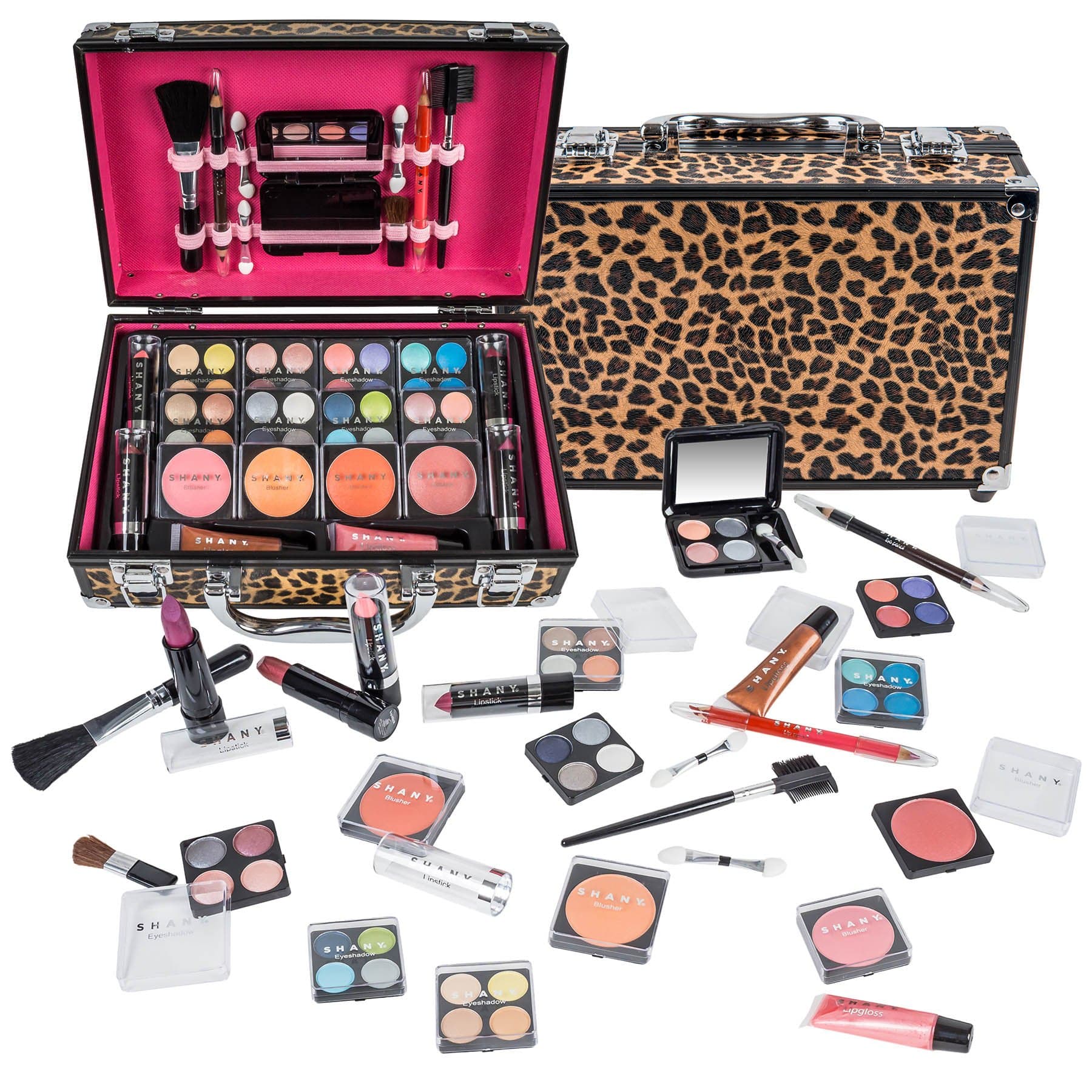 Carry All Make up Train Case with Pro Makeup Set, Beauty Brushes, Lipsticks, Eye Shadows, Blushes, Powders, and more - Reusable Cosmetics Storage Organizer - Premium Gift Packaging - Leopard