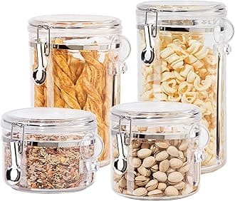 Oggi 4pc Clear Canister Set with Clamp Lids & Spoons - Airtight Food Storage Containers, Ideal for Kitchen & Pantry Storage of Bulk, Dry Food Including Flour, Sugar, Coffee, Rice, Tea, Spices & Herbs