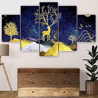 SAF Deer Paintings for Wall Decoration - Set Of Five, 3d Scenery Vastu Painting for Living Room Large Size with Frames for Home Decoration, Hotel, Office 127 cm x 75 cm SANFBL35463
