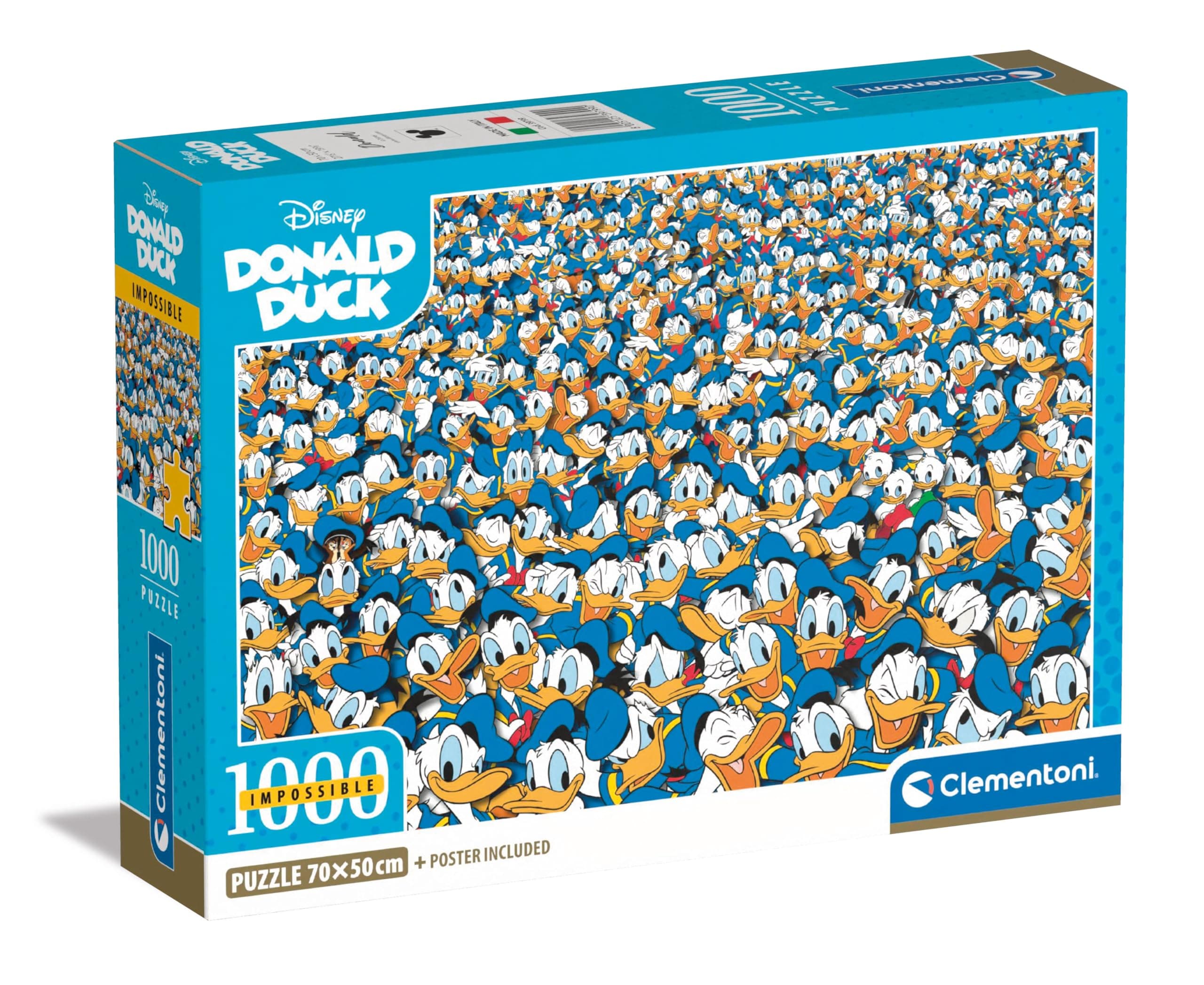Clementoni 39799 Impossible Donald Duck 1000 Pieces-Compact Box, Poster Included, Adults 14-99 Years, Gift for Men/Women, Hard Jigsaw, Difficult Puzzle, Made in Italy, Multi-Coloured