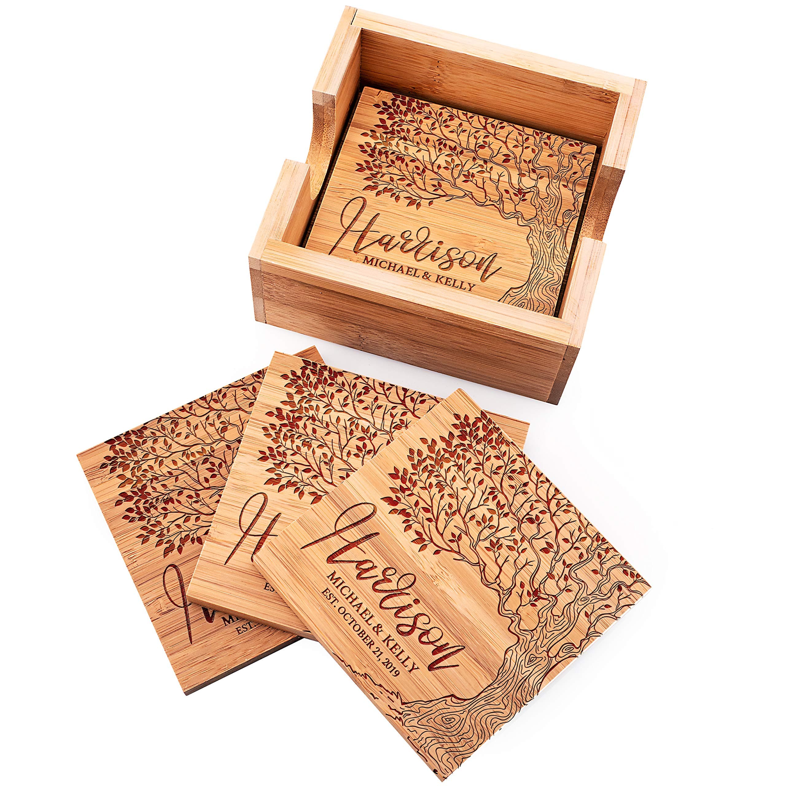 Personalized Coasters for Drinks, Set of 4, Coaster Set with Holder - Wedding Gifts for The Couples, Custom Monogram Bamboo Coasters #7