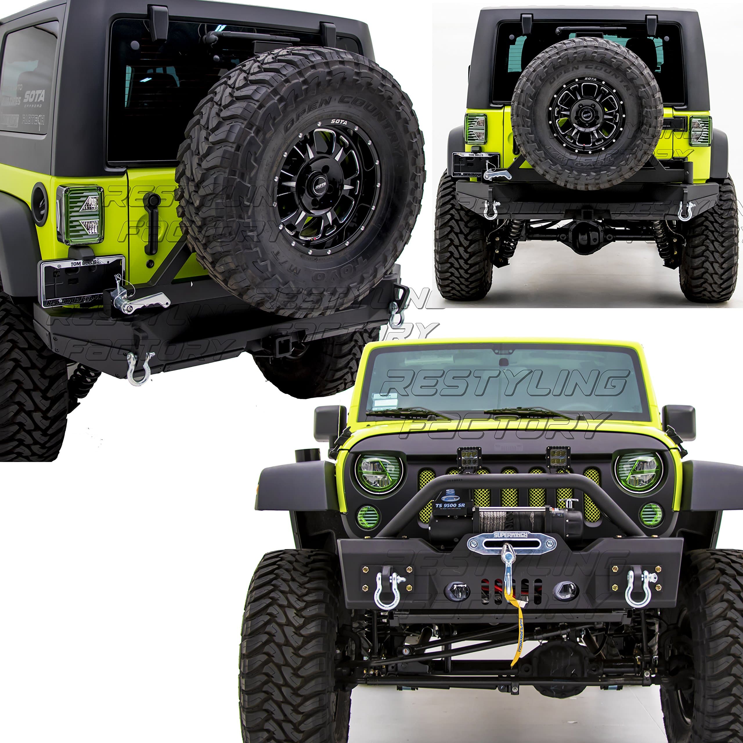 -Rock Crawler Stubby Front Bumper with OE Fog Lights Hole and Winch Plate+Rear Bumper with Tire Carrier and 2"Hitch Receiver-Textured Black Combo for 07-17 Jeep Wrangler JK