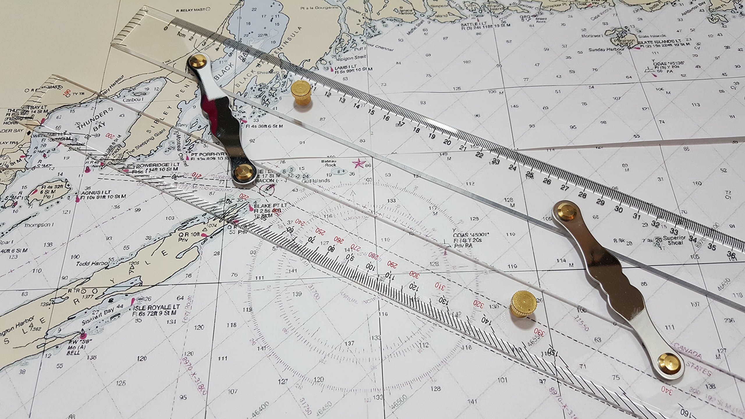 Parallel Ruler for Navigation on Sea Charts with Ruler and Protractor Scales and Brass Buttons, Aluminium Links and Transparent Acrylic Plastic for Accurate Chart Plotting