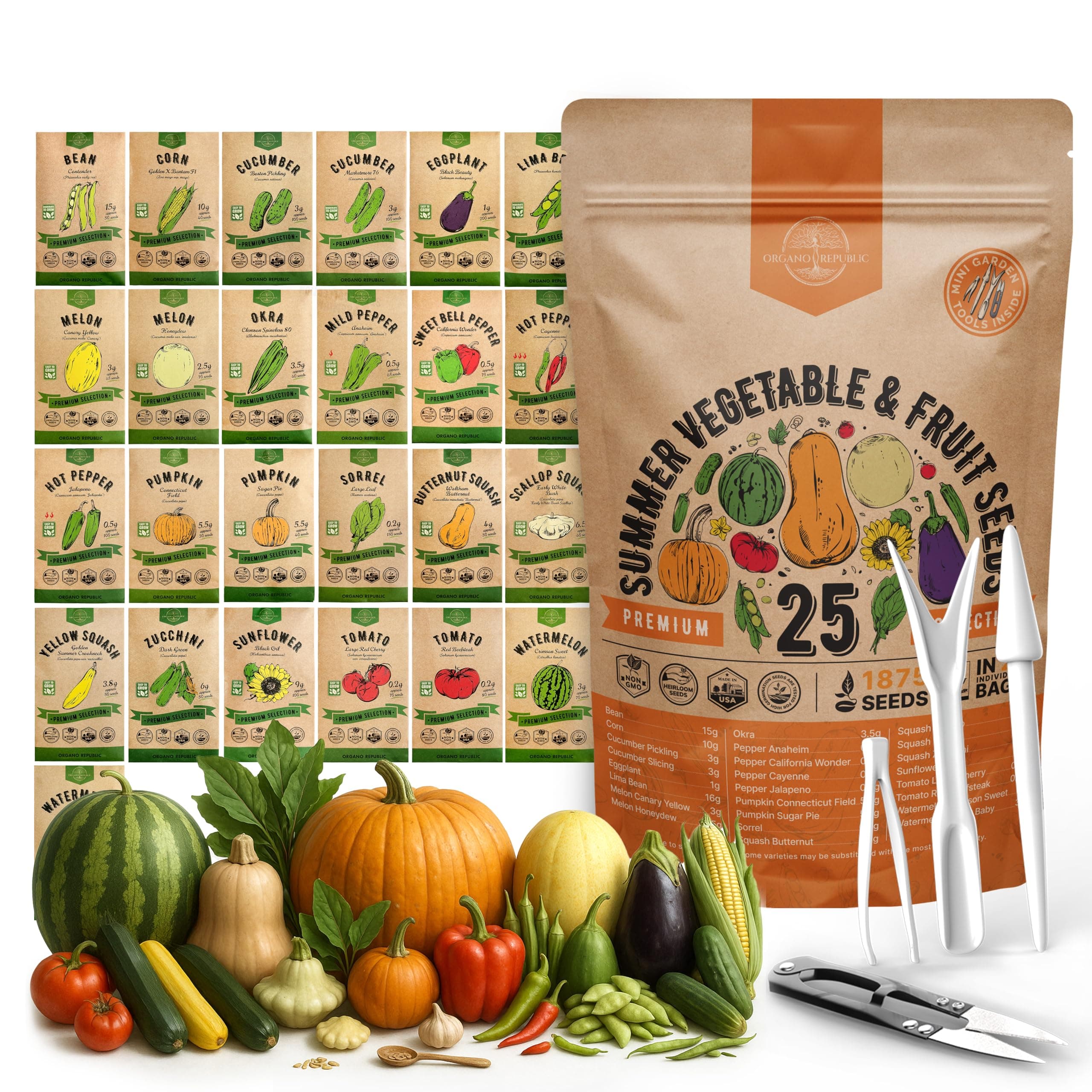 25 Summer Vegetable & Fruit Seeds Variety Pack - 1,870+ Non-GMO Heirloom Veggie & Fruits Seeds for Outdoors and Indoor Home Gardening, Including Collards, Tomato, Pepper, Okra, Onion, Bean, Cucumber