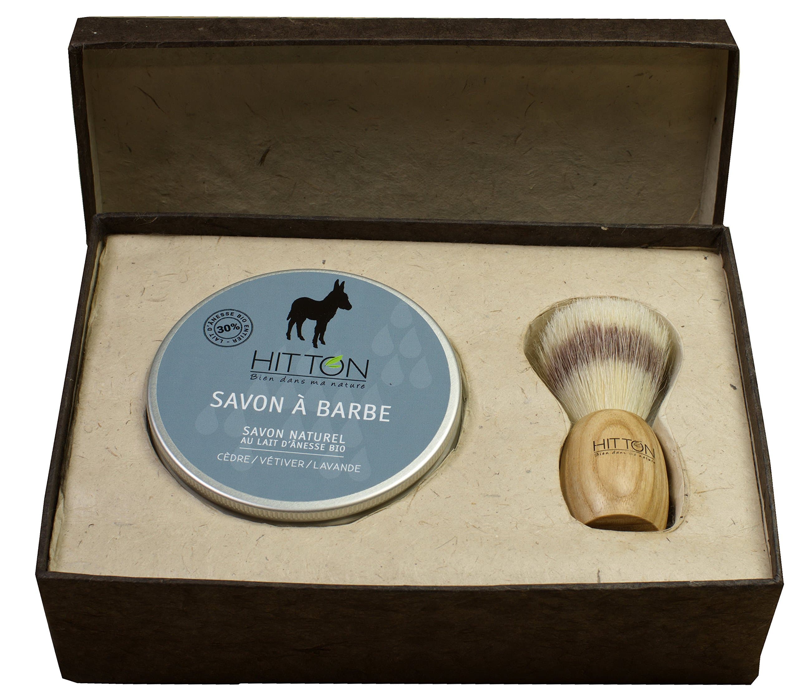 Hitton Savon À Barbe Shaving Soap and Brush Gift Set, 150g 30% Organic Donkey Milk Shaving Soap with Cedar, Vetiver, and Lavender Essential Oils, Birch Handle Boar Brush, Gift Box, Made in France