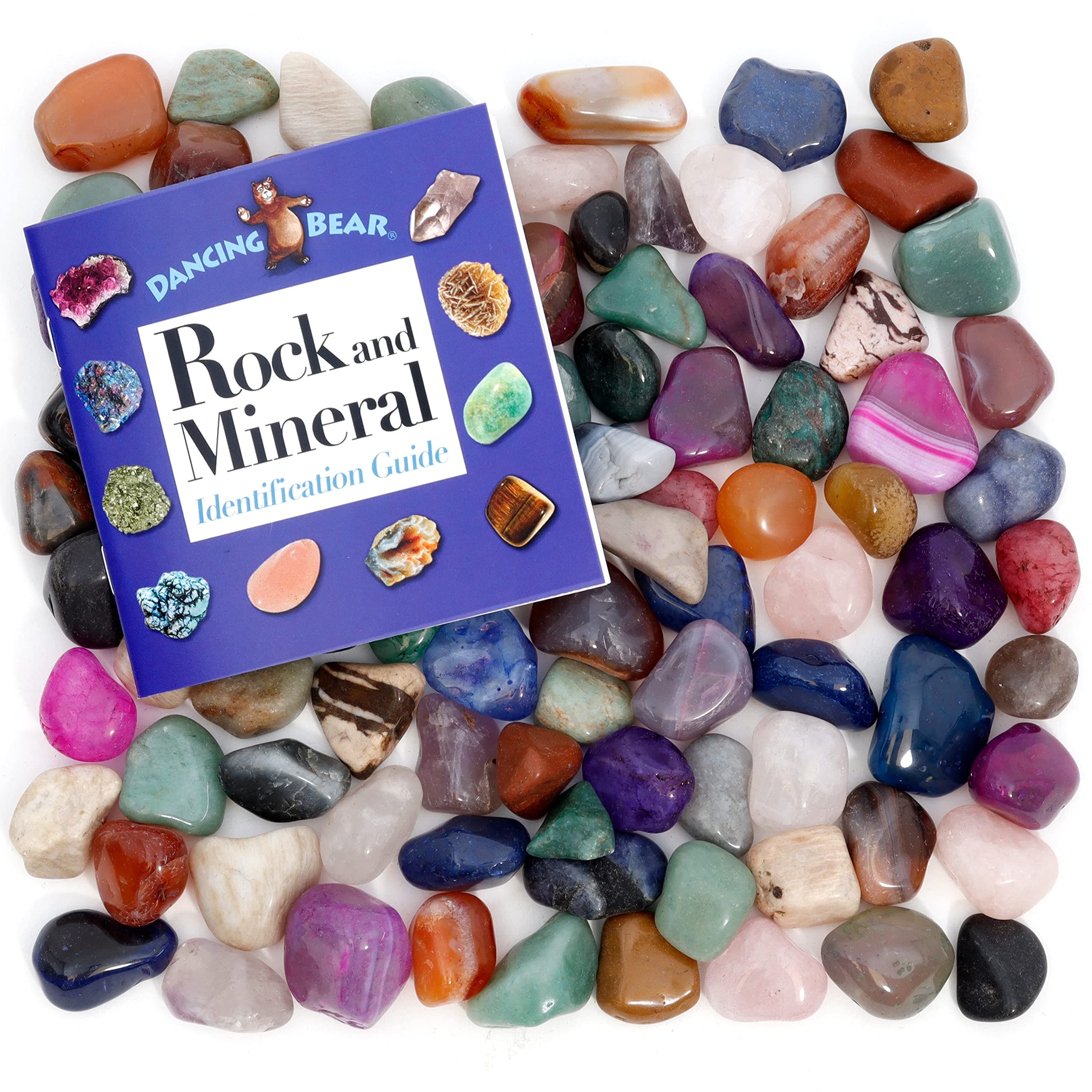 DANCING BEAR 2 Pounds (lbs) Tumbled Polished Natural & Dyed Gem Stones + Educational Color ID Sheet & 28 Page Rock & Mineral Identification Book. Average Stone Size 1 inch, Limited Edition