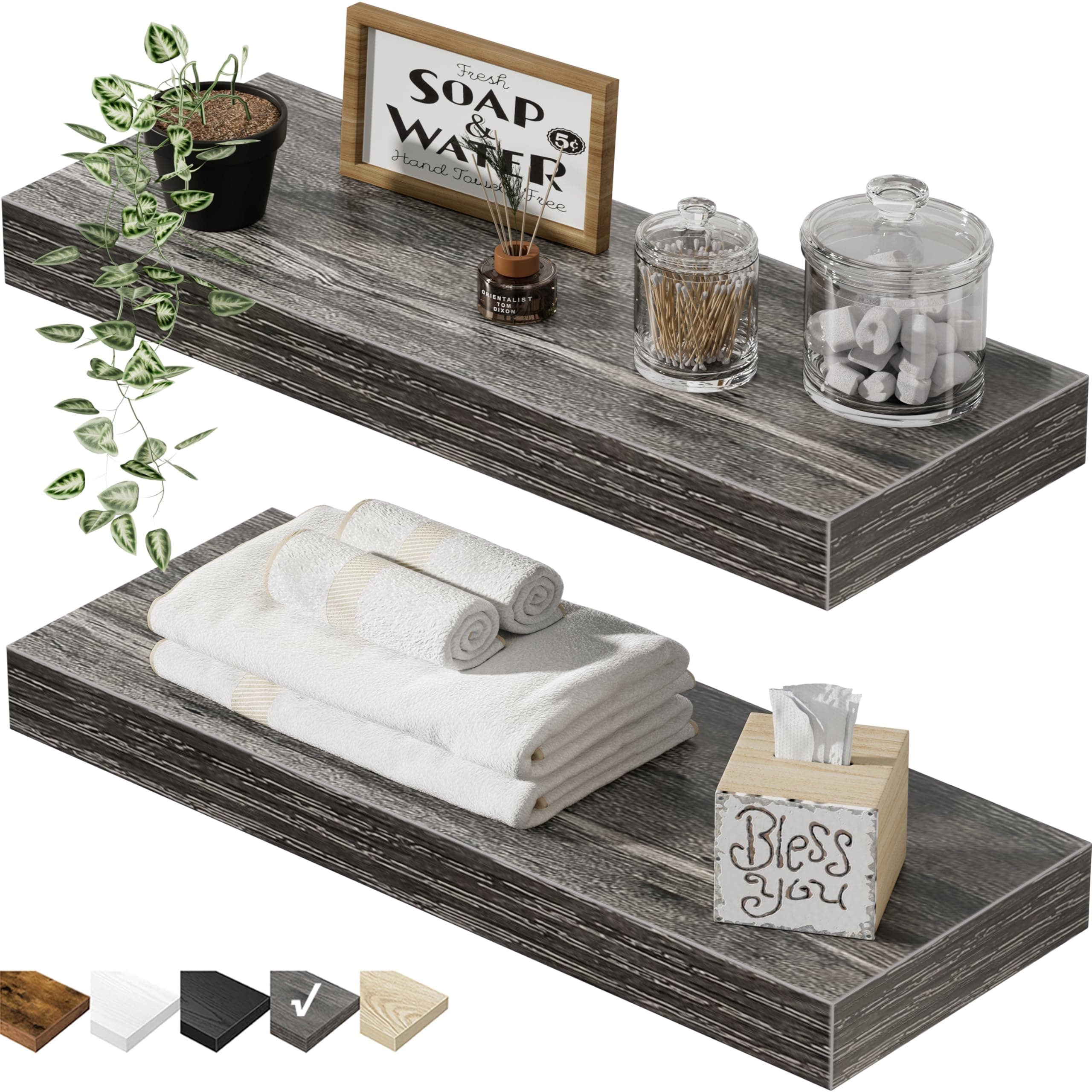 QEEIG Bathroom Floating Shelves for Wall - 15.7" Wall Mounted Shelf Over Toilet Farmhouse Home Decor Display Bookshelf Small 15.7 x 6.7 inch Set of 2, Grey (008-40GY)