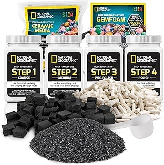 NATIONAL GEOGRAPHIC Rock Tumbler Grit & Media Refill Kit – Rock Polishing Supplies Kit, 4-Stage Silicon Carbide Bulk Grit, 1.5 Pounds of Ceramic Pellets, Stone Tumbling & GemFoam Polishing Media