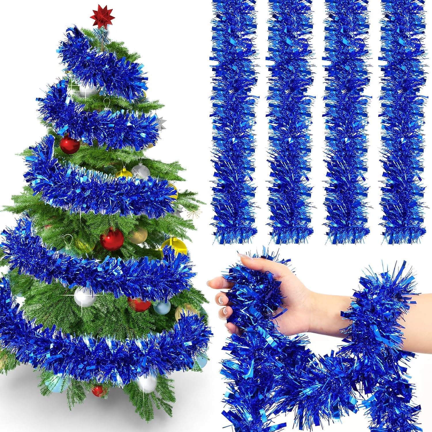 6 pcs Artificial Tinsel Garlands Length-5.5 ft for Christmas Decor, Home Office Party Decoration (Blue)