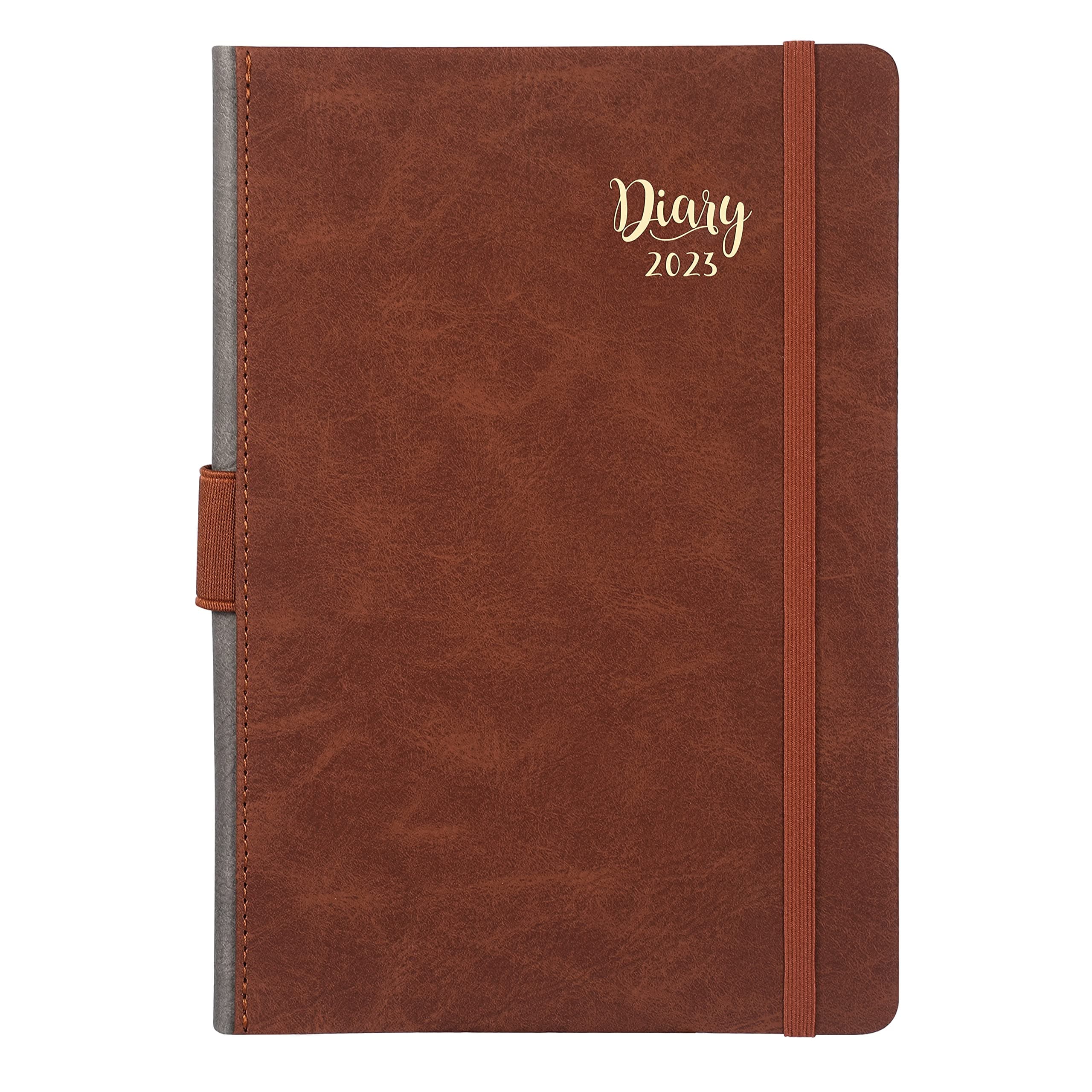2023 Diary - 2023 Diary A5 Page a Day from January to December 2023, Leather Hardcover with Monthly Tabs & Inner Pocket, 14.3 X 21 cm - Brown