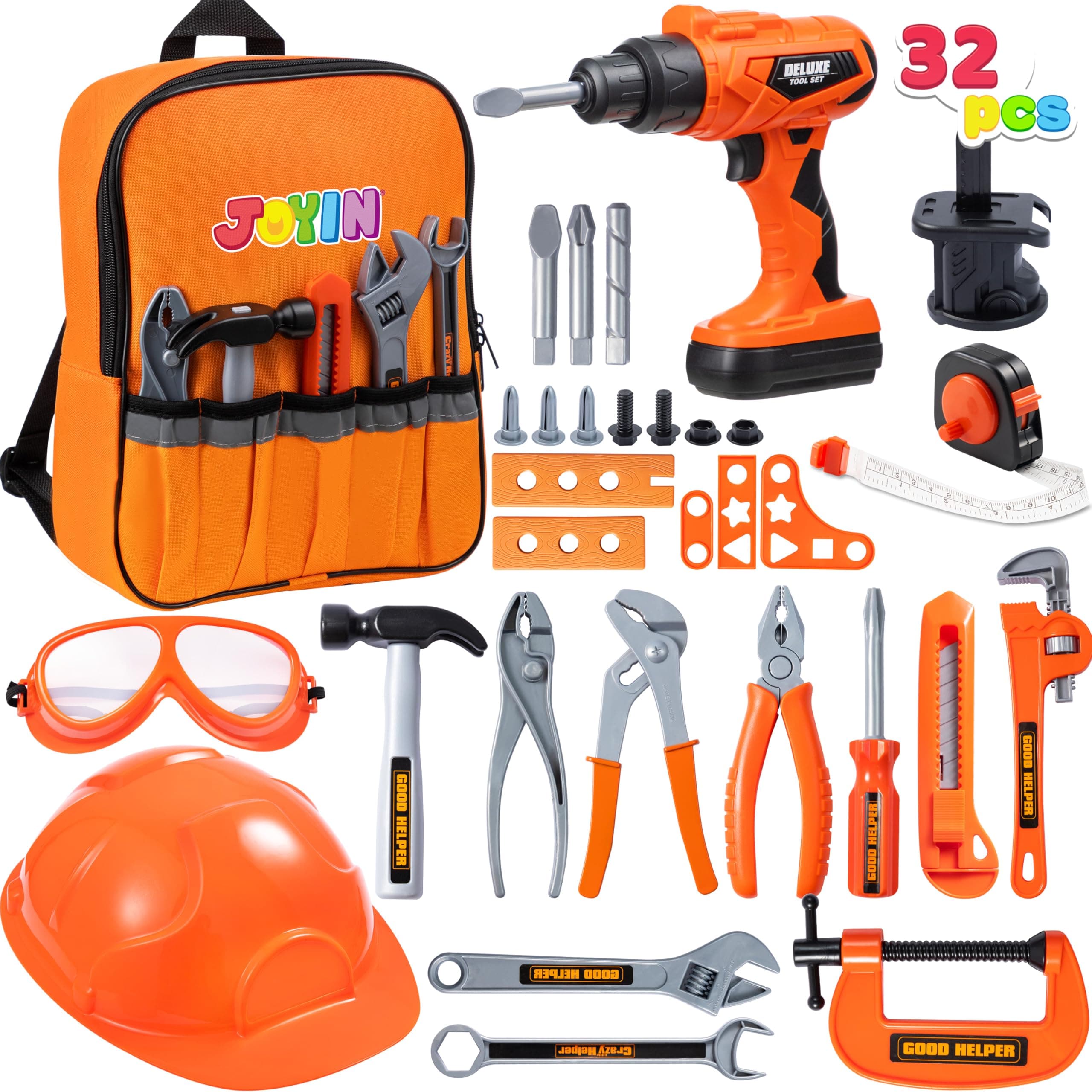 JOYIN Kids Tool Set 32 Pcs Kid Role Play Construction Toys with Backpack,Electric Drill,Helmet,Accessories for Cosntruction,Kid Toys,Christmas Birthday Gifts for Boys Age 3 4 5 6 7