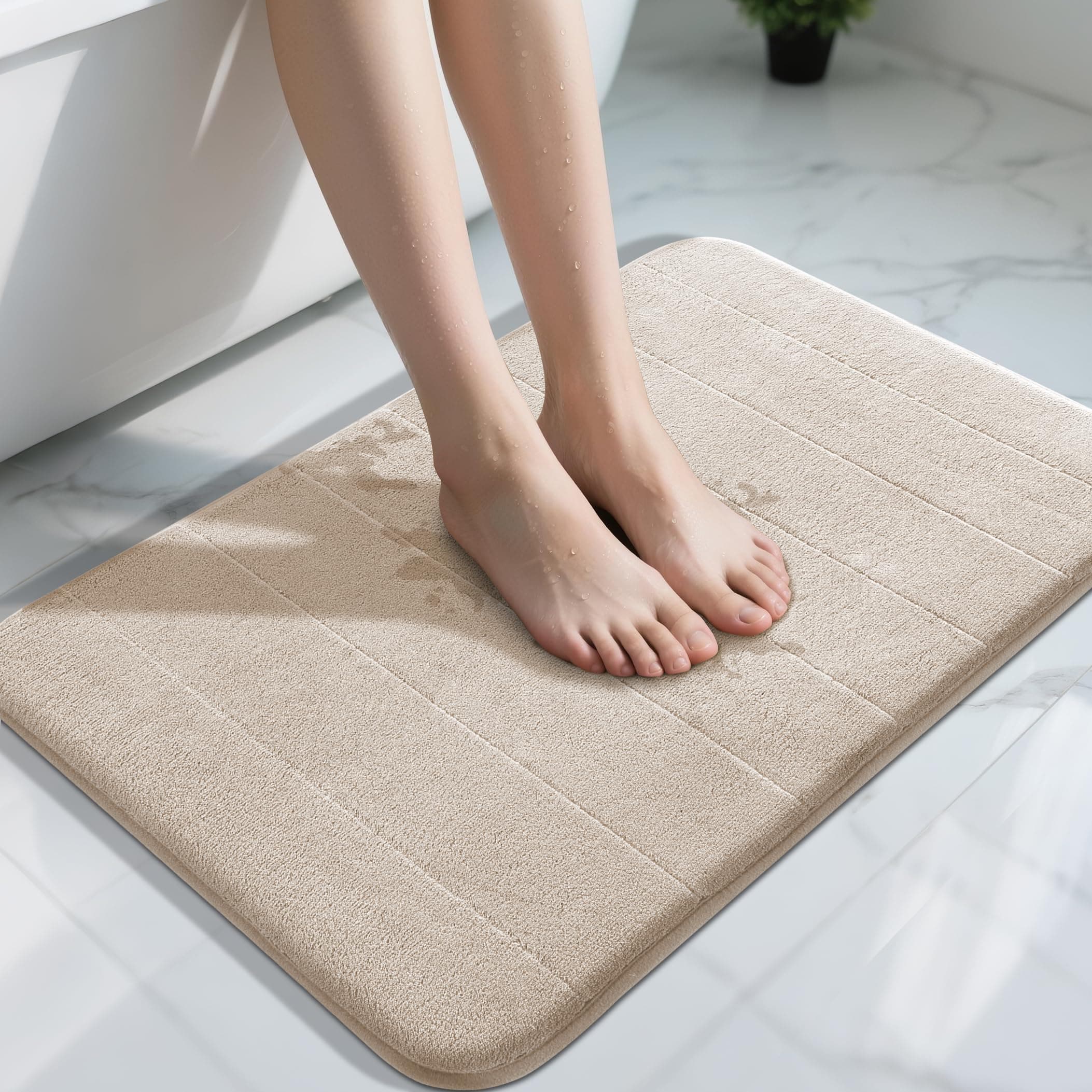 Yimobra Memory Foam Bath Mat, Super Soft Absorbent Bathroom Rug Non Slip 31.5x20 Inch, Quick Dry, Machine Washable Floor Carpet for Tub Shower, Home Decor Accessories, Beige