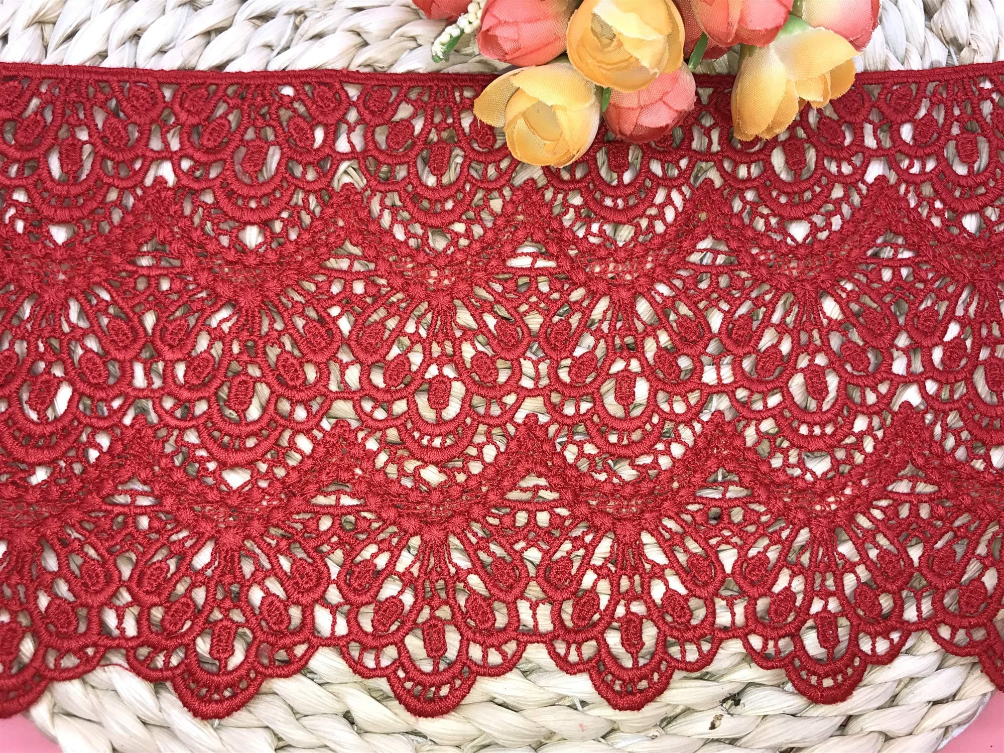 14CM Width Europe Long pattern Inelastic Embroidery Lace Trim,Curtain Tablecloth Slipcover Bridal DIY Clothing/Accessories.(4 yards in one package) (Red)