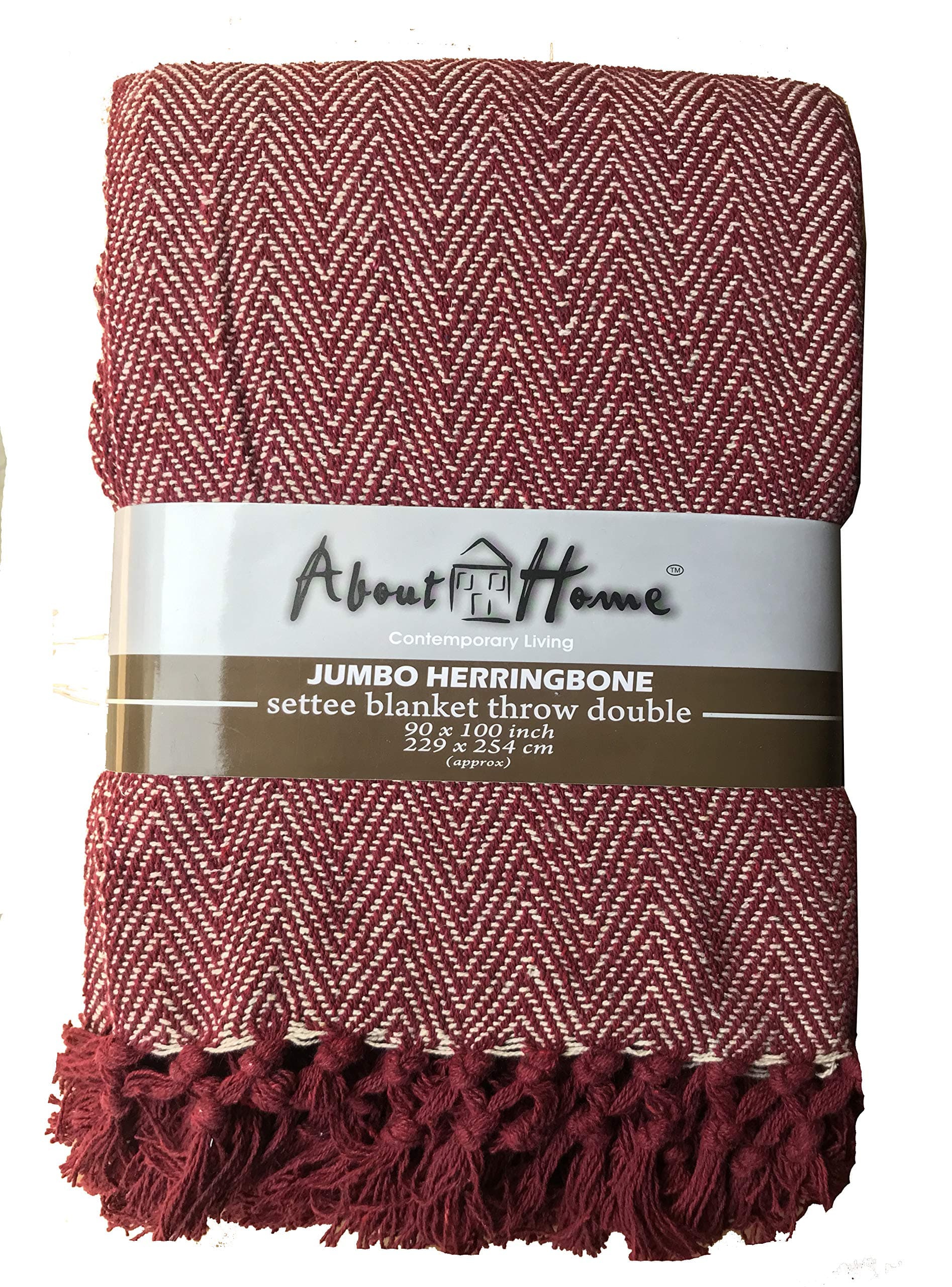 About Home Cotton Rich Herringbone Blanket Throw, Settee Cover (Maroon/Natural, 90"x100")
