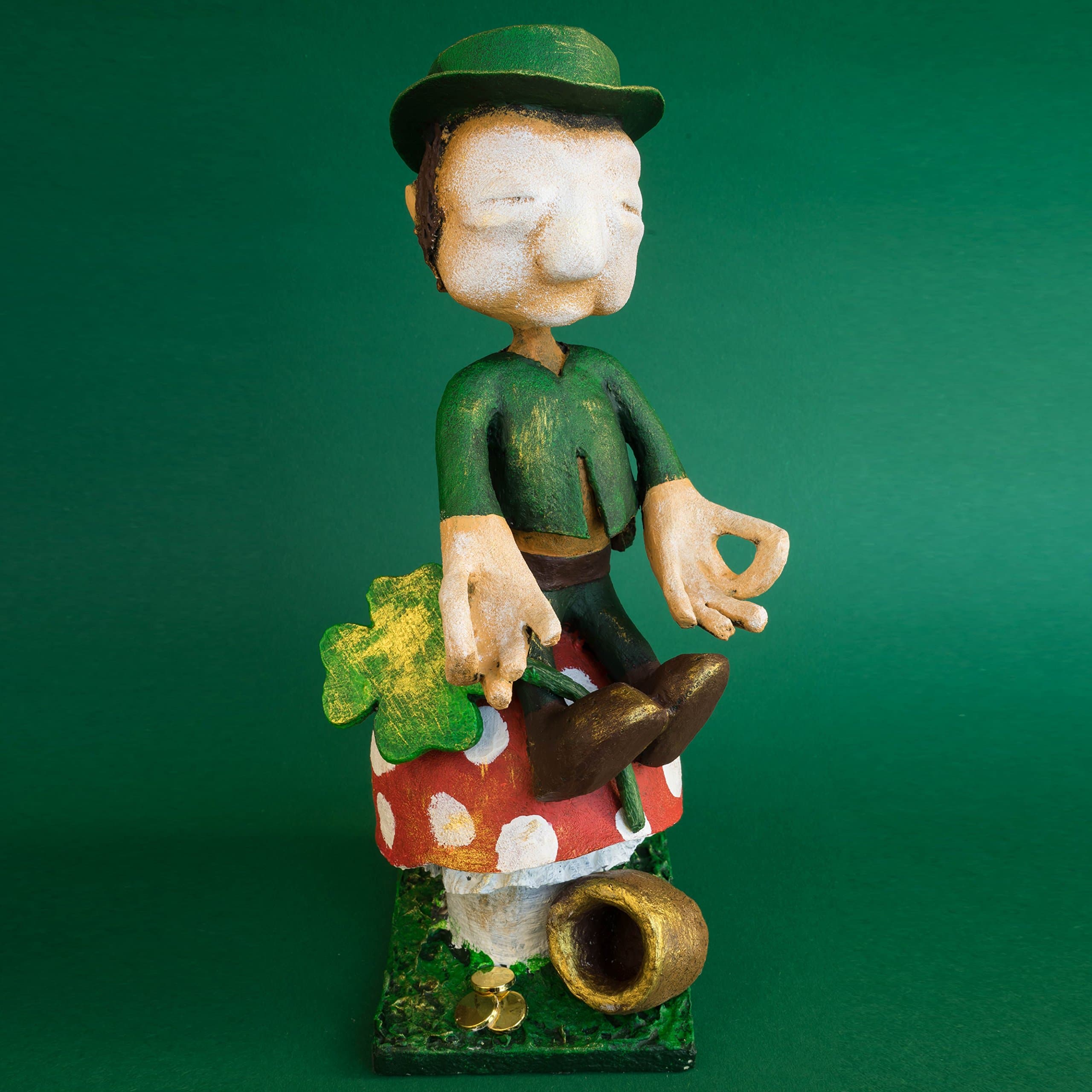 ROB THE RAINBOW SAVIOUR, OOAK Handmade Art Doll, Leprechaun On a Mushroom, Papier Mache Sculpture, Unique Original 3D Artwork