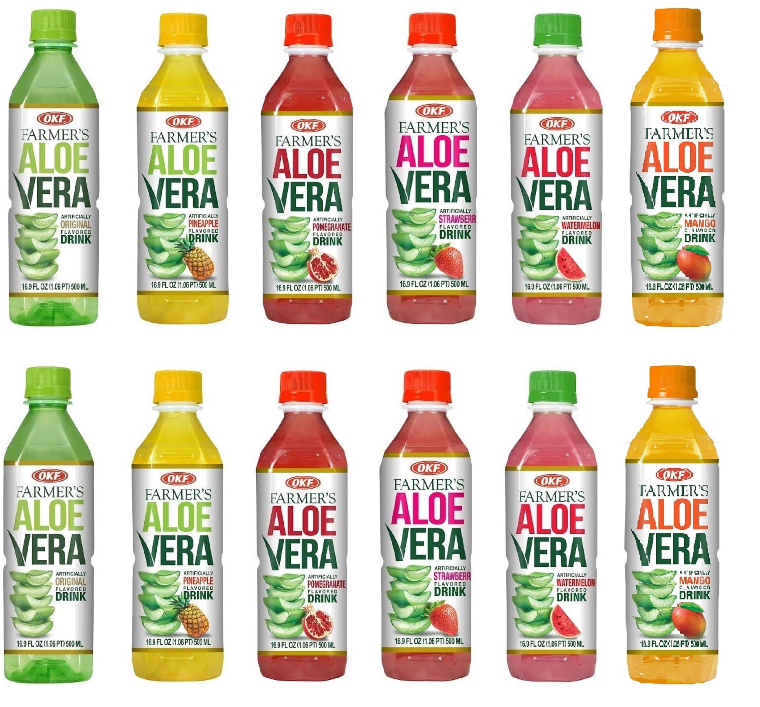 Farmer's Aloe Vera Drink with Pulp Variety Pack includes Original, Pineapple, Mango, Watermelon, Pomegranate, and Strawberry.(6 Flavor Variety Pack, 12 Pack)