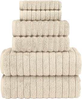 Elegant Comfort 100% Turkish Cotton Corduroy Ribbed Luxury Bath Towels 6-Piece Set, Premium Feel - Quick Dry, Highly Absorbent, Contains 2 Bath Towels, 2 Hand Towels, and 2 Washcloths, Ivory