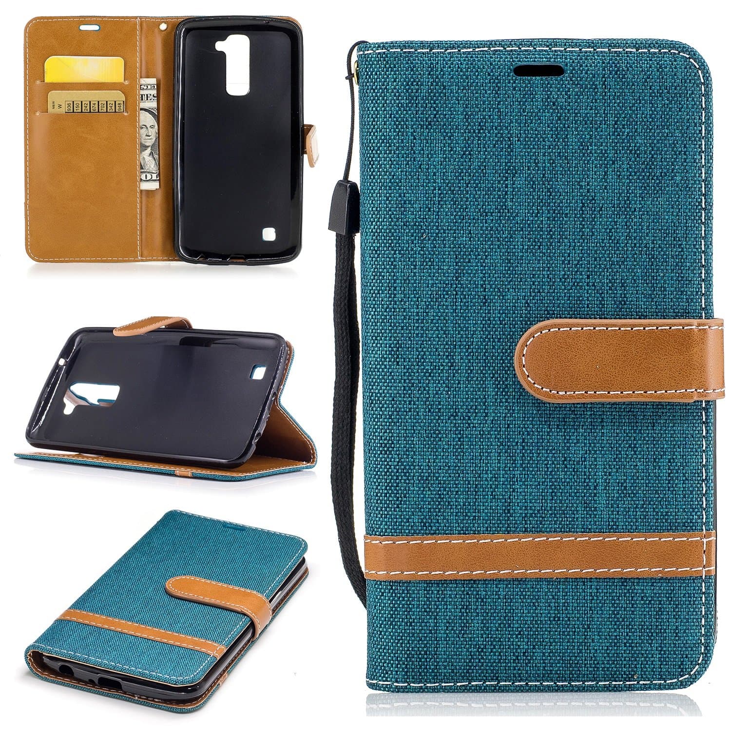 LG K10 Case, LG K10 2016 Case, Jeans Denim PU Leather Magnetic Closure Flip Folio Wallet Cover Case for LG K10 2016/Premier Lte with Card Slot, Kickstand, Wrist Strap ( Color : Green )