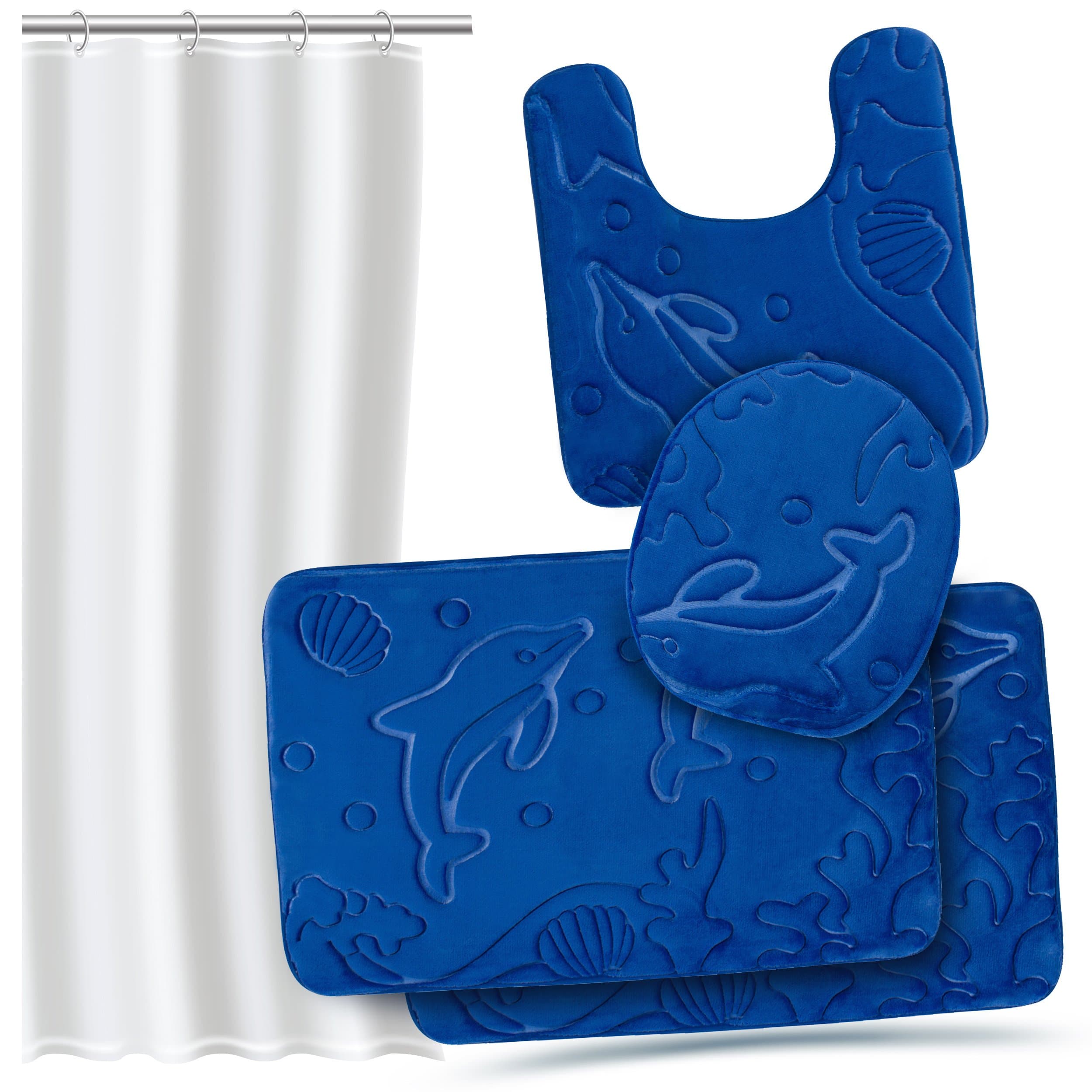 Effiliv 4 Piece Bathroom Rugs Set - Memory Foam Bath Mats, Extra Soft + Shower Liner, Blue