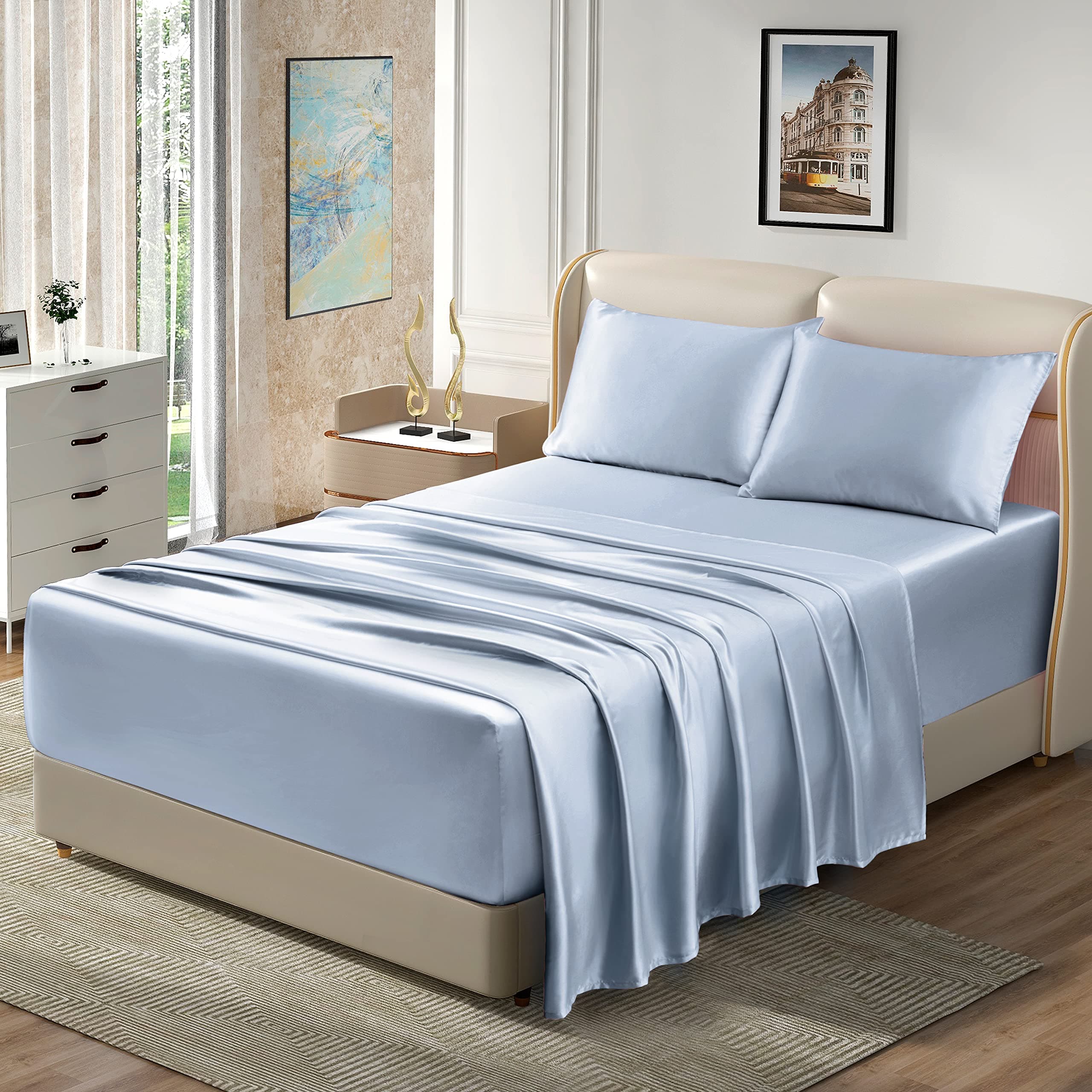 Homiest 4pcs Extra Deep Pocket Sheets - Full Size Bed Set, 18-24 Inch Deep Pocket, Baby Blue Satin Luxury Fitted Sheet Set Fits Ultra Deep Mattress