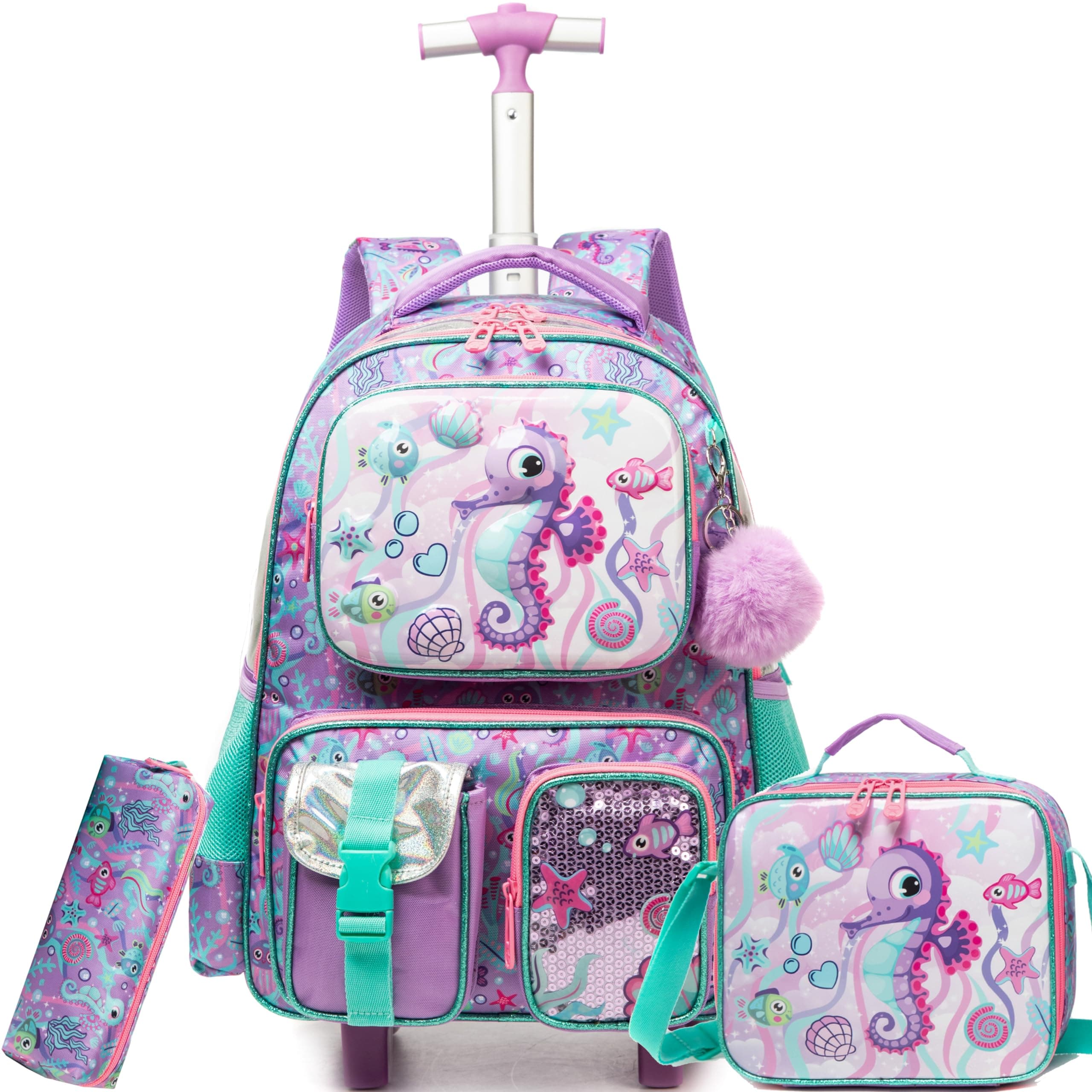 Kids Rolling Backpack with Wheels for Girls Rolling Backpacks with Lunch Box for Elementary School Students 3 in 1 Travel Luggage Suitcase for Girls Age 8-10