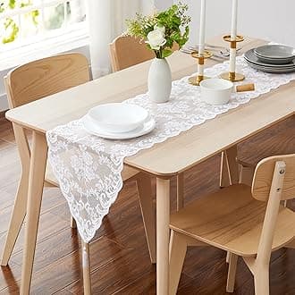 LINENZONE White Table Runner with 2 Tassels for Rustic Vintage Decor. Lace Table Runner Works Great As Wedding Table Runner, Thanksgiving Table Runner, Christmas Table Runner (Mia 14 x 48, White)