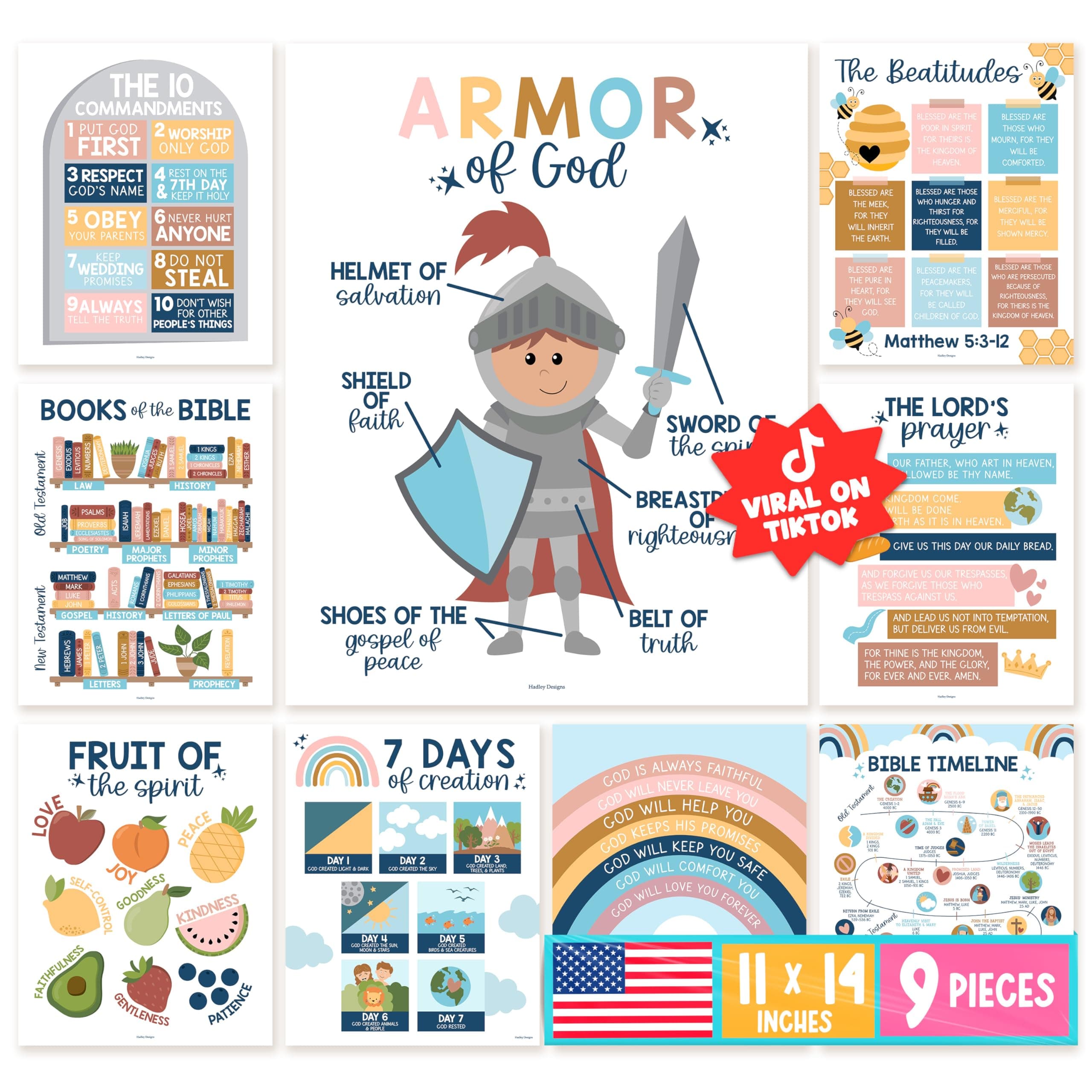 Hadley Designs Sunday School Decorations for Classroom – 9 Bible Posters for Kids, 11x14in Books of the Bible Poster, 10 Commandments, Fruits of the Spirit & More – Boho Christian Classroom Decor