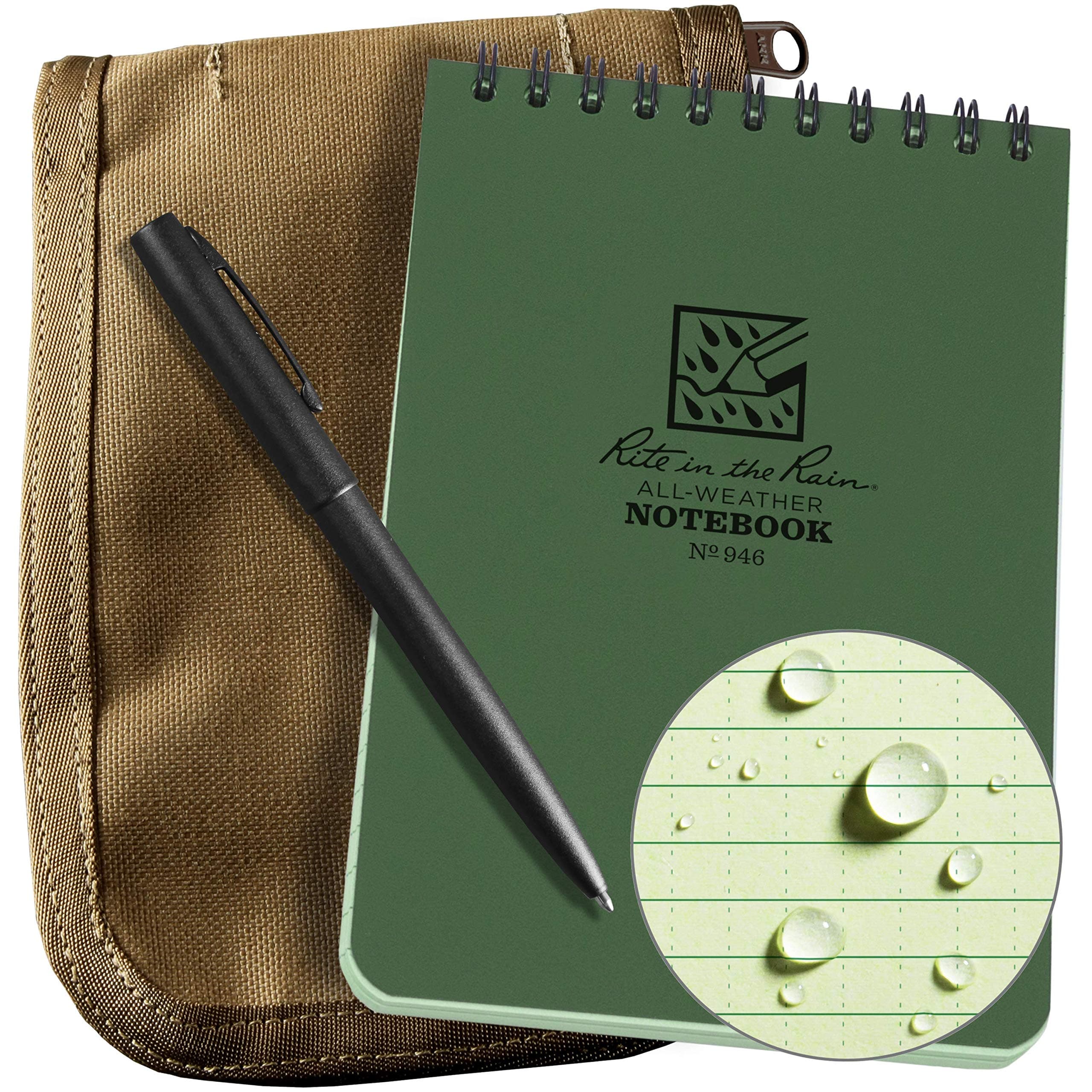 Rite in the RainWeatherproof 4" x 6" Top-Spiral Notebook Kit: Tan CORDURA Fabric Cover, 4" x 6" Green Notebook, and an Weatherproof Pen (No. 946-KIT)