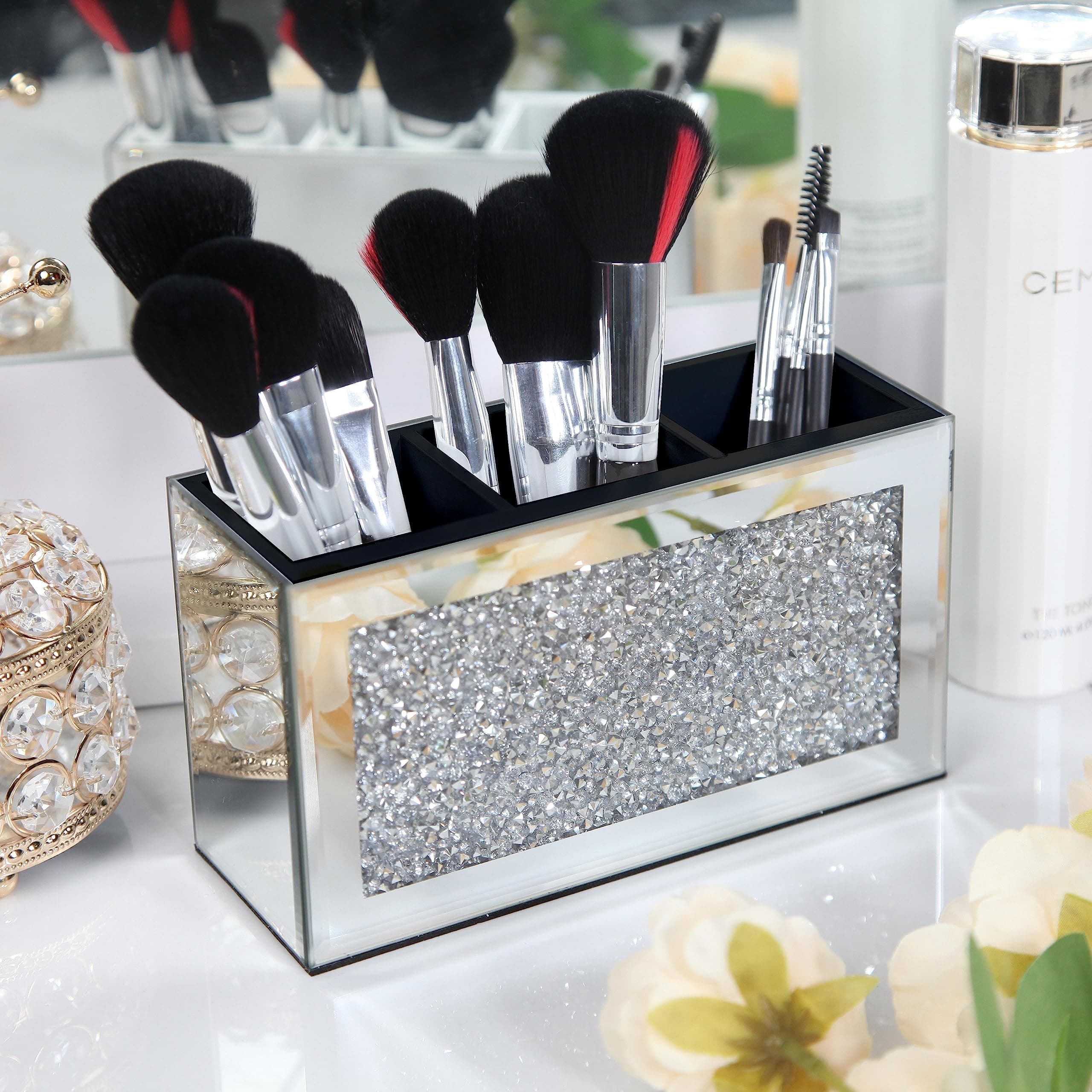 SHYFOY Mirrored Makeup Brush Holder, Large Make-up Brushes Organizer with Crystal Crushed Diamond, 3 Compartments Cosmetic Storage Solution for Bathroom, Vanity, Dressing Table, Countertops, Silver