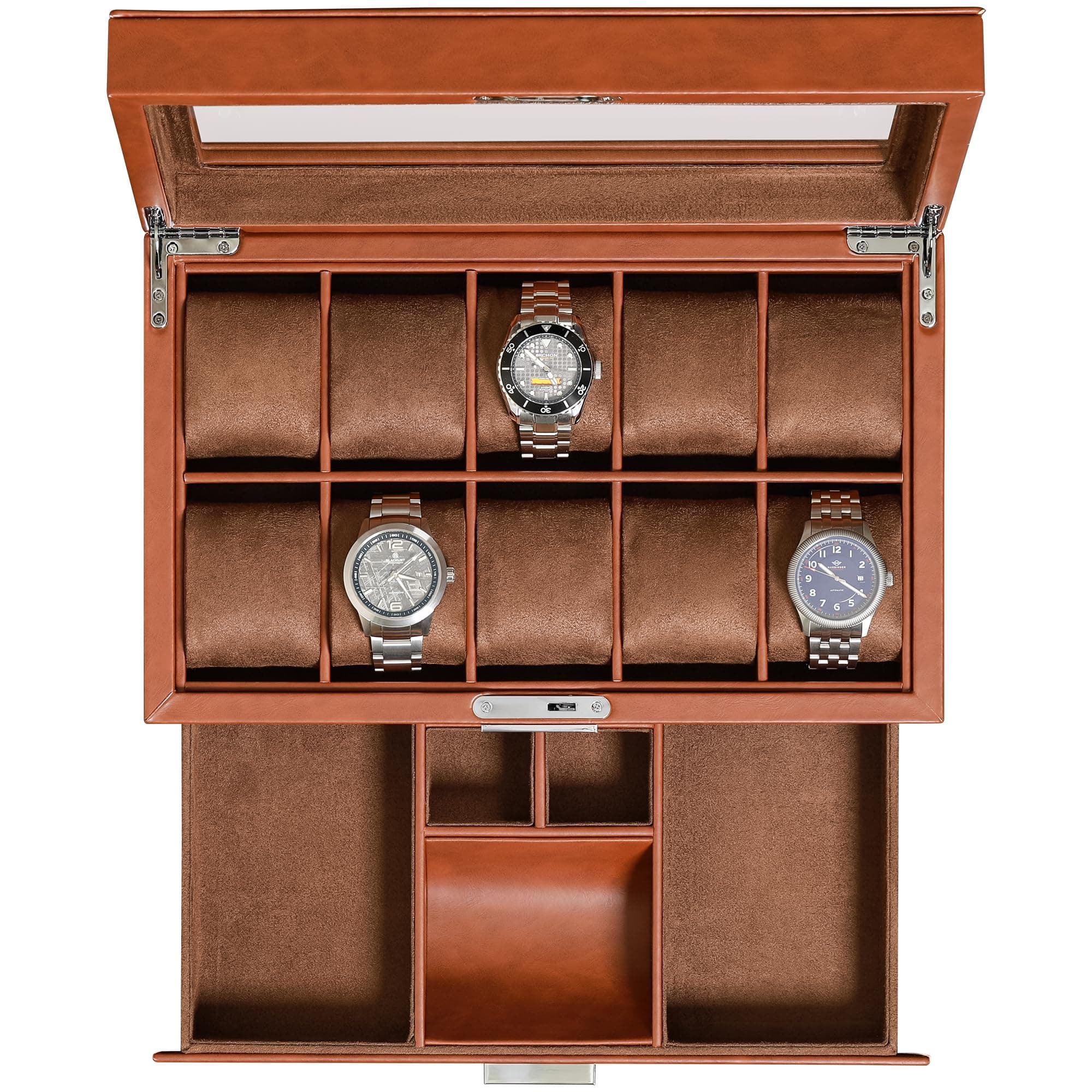 ROTHWELL 10 Slot Watch Box with Valet Drawer - Luxury Watch Case Display Organizer, Ultra Soft Microsuede Liner, Locking Jewelry Watches Holder With Large Glass Top (Tan/Brown)