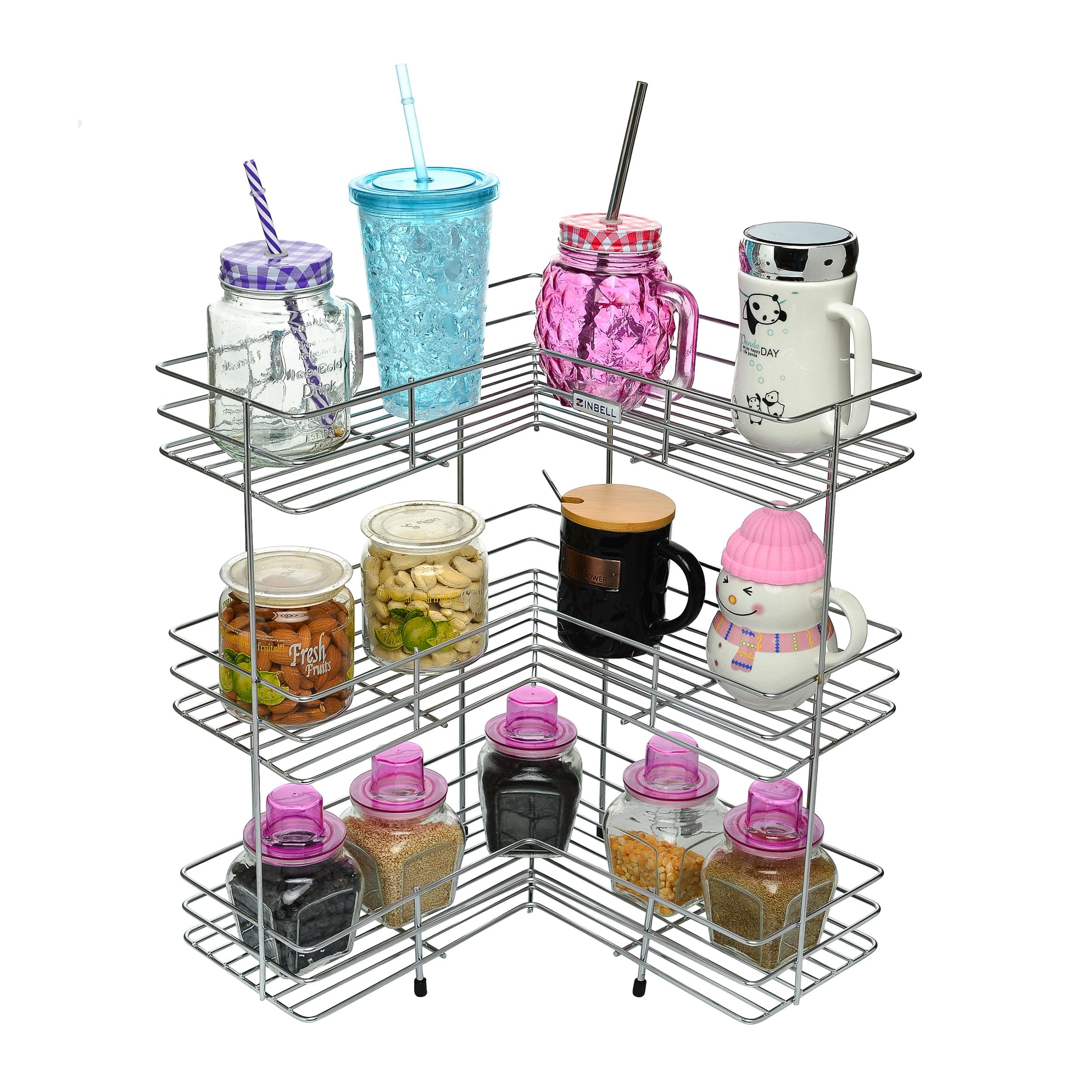 3-Shelf Stainless Steel L-Shape Storage Stand, Multipurpose Storage Rack/Shelf for Kitchen & Bathroom, Wall/Counter Top Mount, Chrome Finish