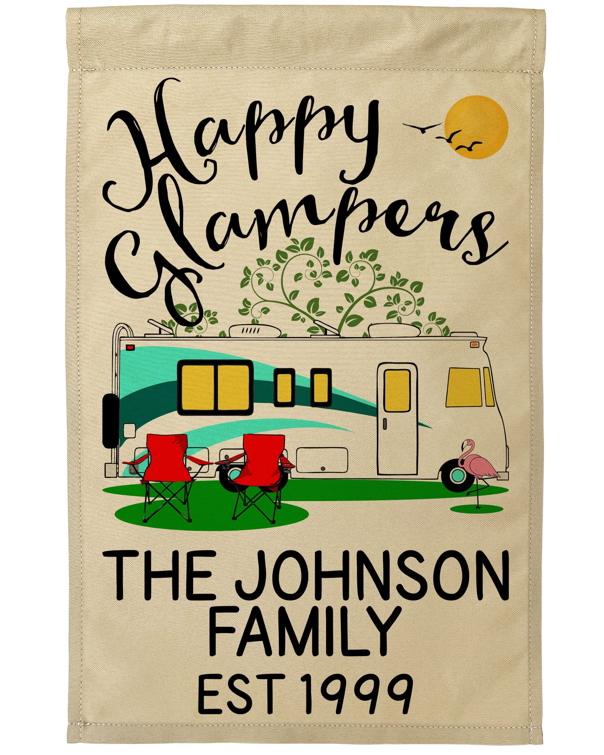 Happy Camper World, Personalized Class A Motorhome Features Happy Glampers and Includes 3 Additional Lines of Custom Text, Printed on Tan Fabric (Turquoise Motorhome)