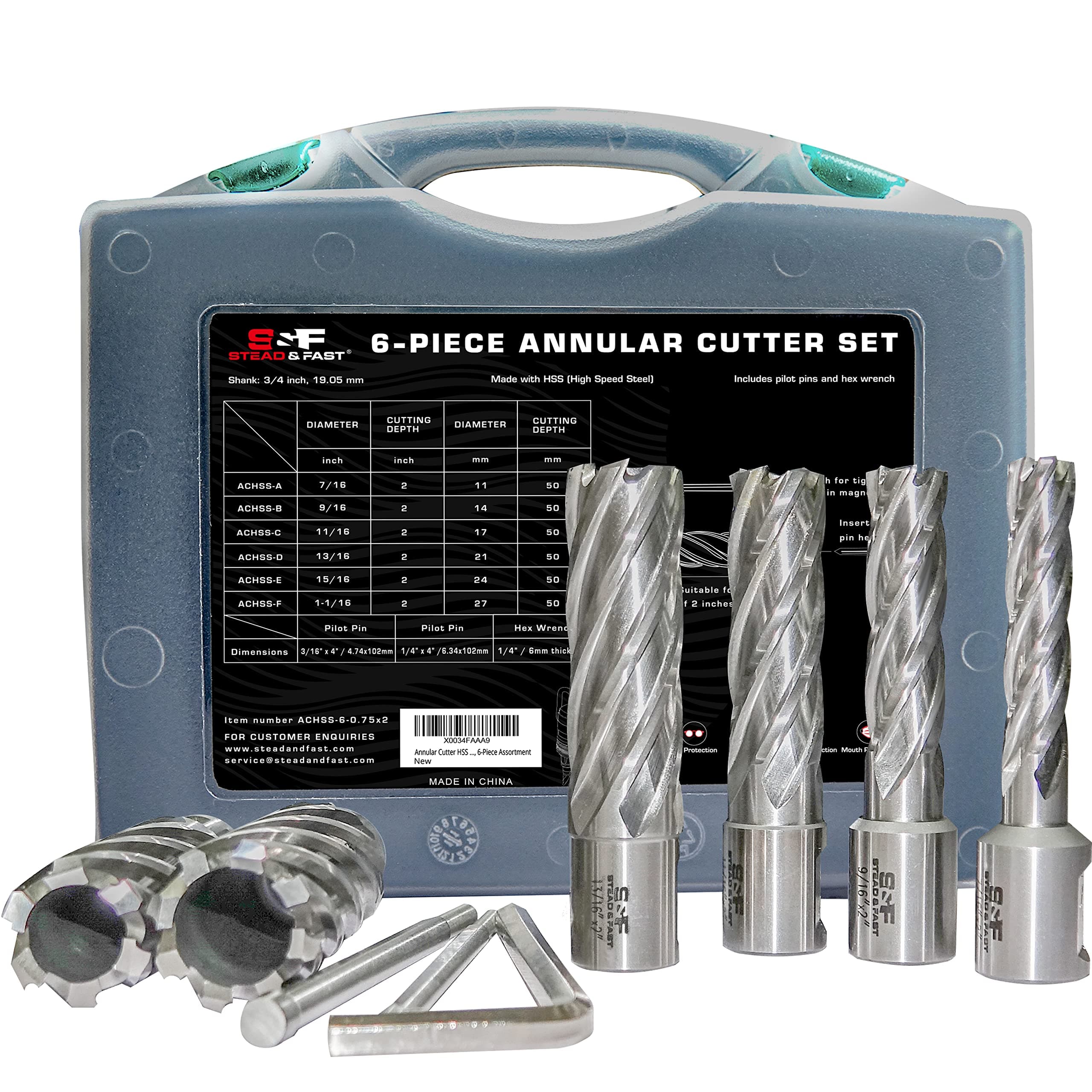 S&F STEAD & FAST Annular Cutter Set 6 Pcs, Depth of Cut 2”, Cutting Diameter 7/16 to 1-1/16 Inch, Weldon Shank 3/4”, HSS Mag Drill Bits Kit for Magnetic Drill Press with Pilot Pin x 2