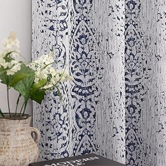 Mrs.Naturall Navy Blue Curtains 96 Inches Long 2 Panel Set for Sliding Glass Door,50% Blackout Boho Floral Patterned Print Black Out Curtains for Living Room