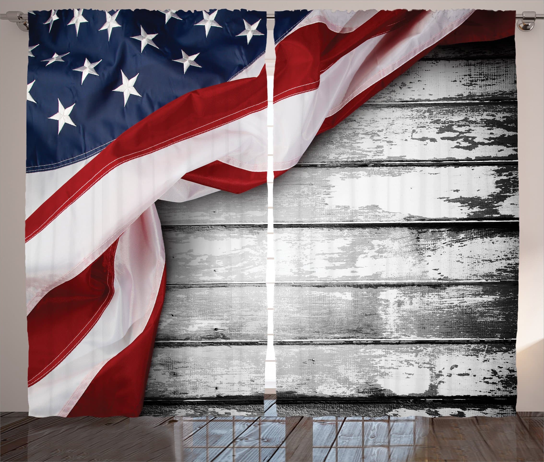 Ambesonne American Flag Curtains, Flag Rippling Over Horizontal Lines Wooden Federal Government Artwork Print, Living Room Bedroom Window Drapes 2 Panel Set, 108" X 84", Blue Red